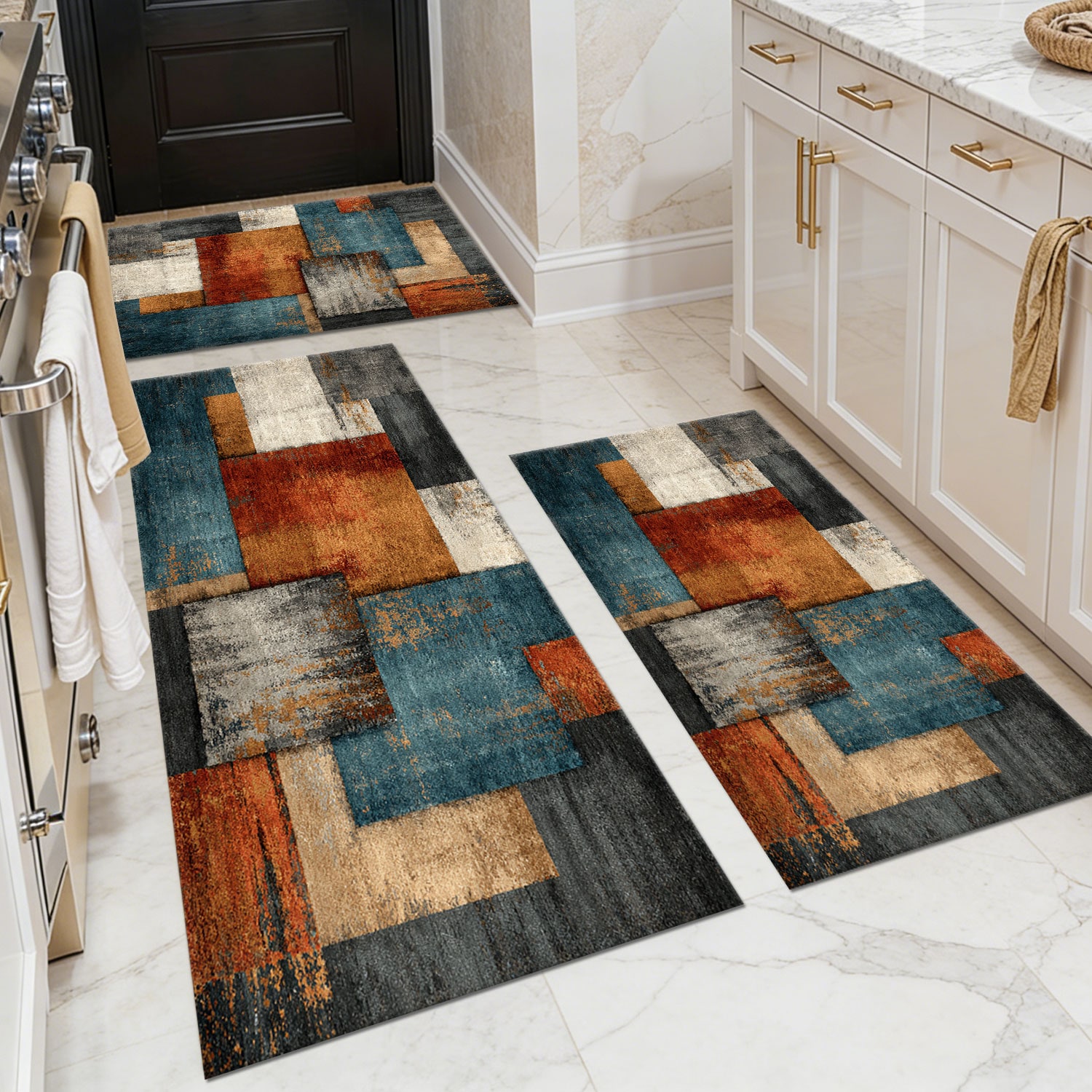 Three-piece kitchen rug set, non-slip and washable, abstract pattern kitchen hallway rug, soft and comfortable, suitable for sinks, floors, entrances, hallways and bathrooms.