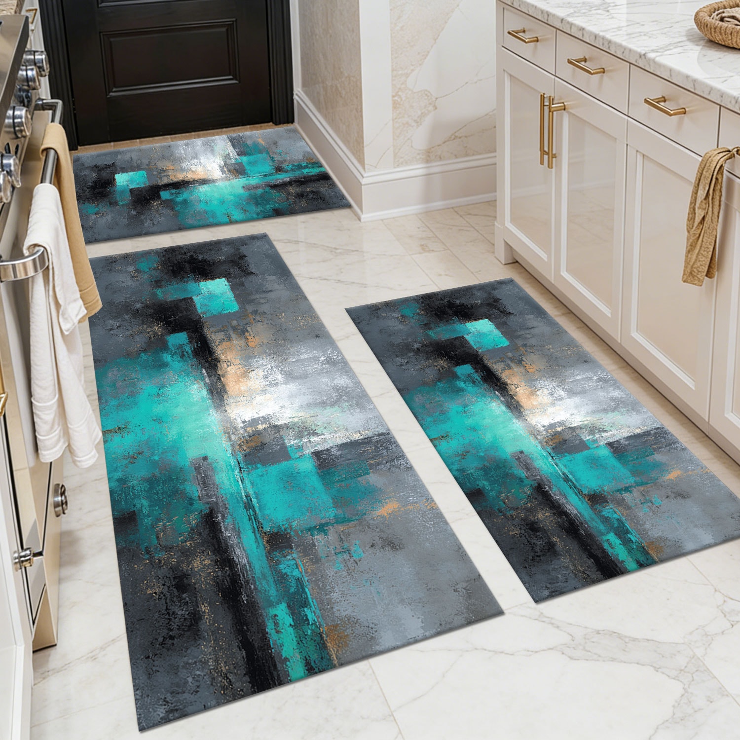 Three-piece kitchen rug set, non-slip and washable, abstract pattern kitchen hallway rug, soft and comfortable, suitable for sinks, floors, entrances, hallways and bathrooms.