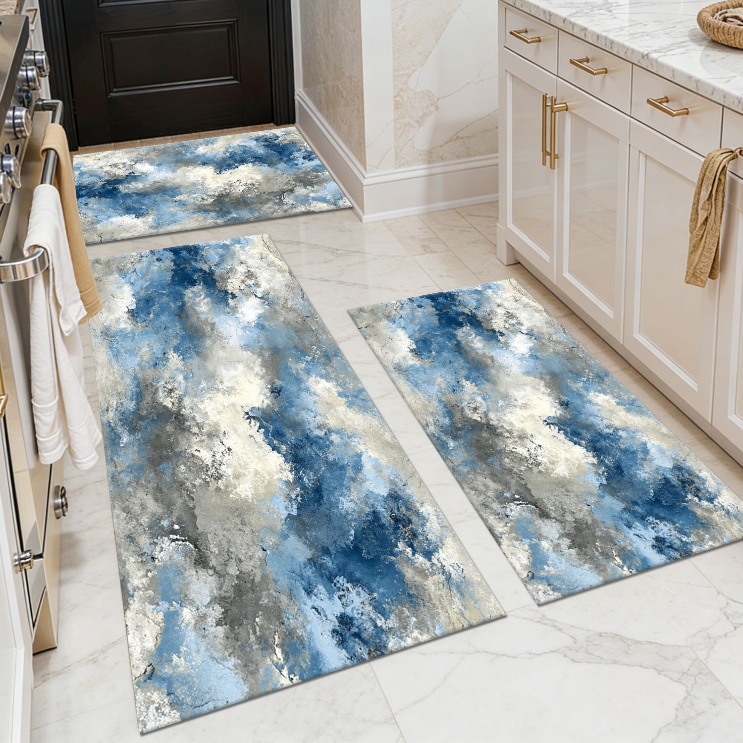 Three-piece kitchen rug set, non-slip and washable, abstract pattern kitchen hallway rug, soft and comfortable, suitable for sinks, floors, entrances, hallways and bathrooms.