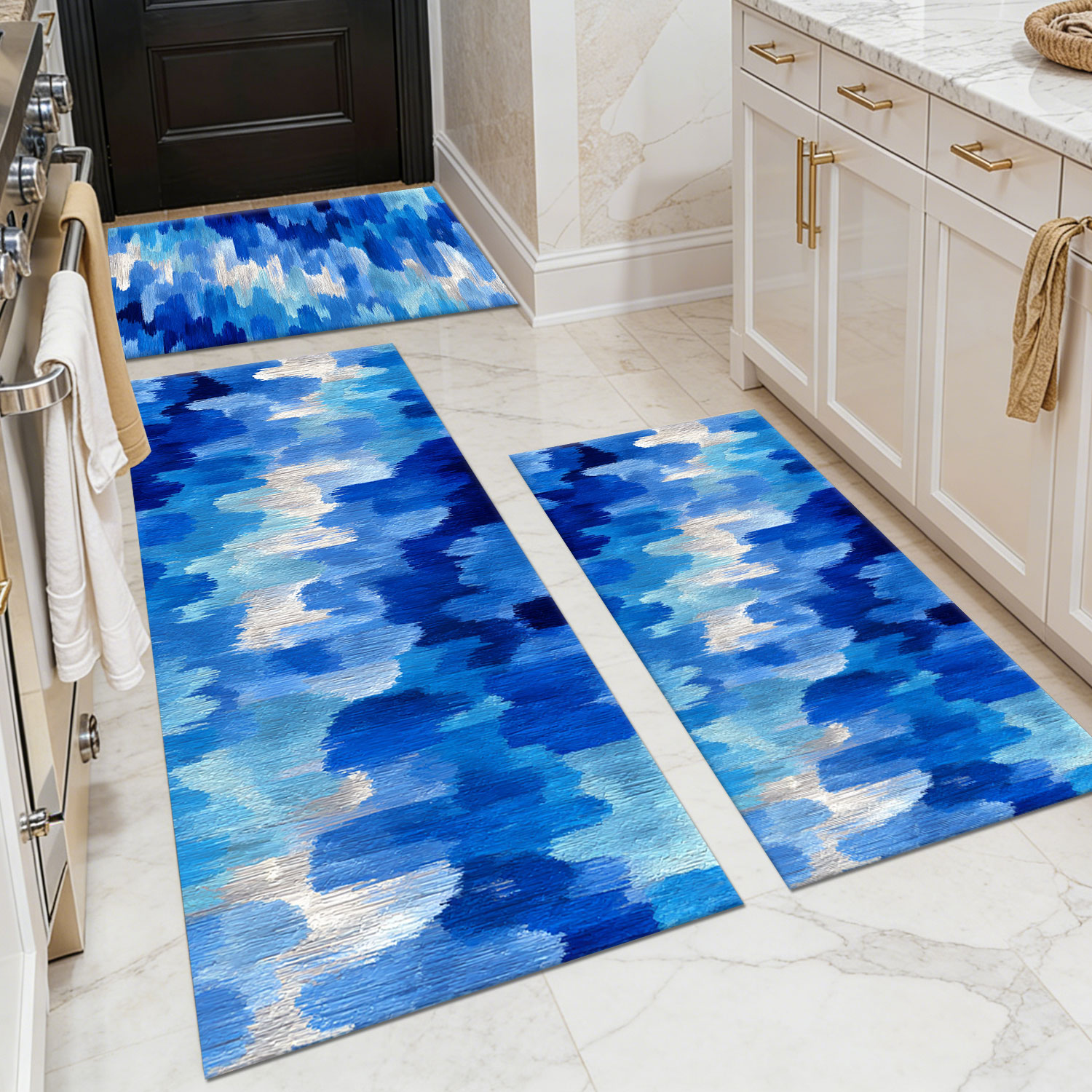 Three-piece kitchen rug set, non-slip and washable, abstract pattern kitchen hallway rug, soft and comfortable, suitable for sinks, floors, entrances, hallways and bathrooms.