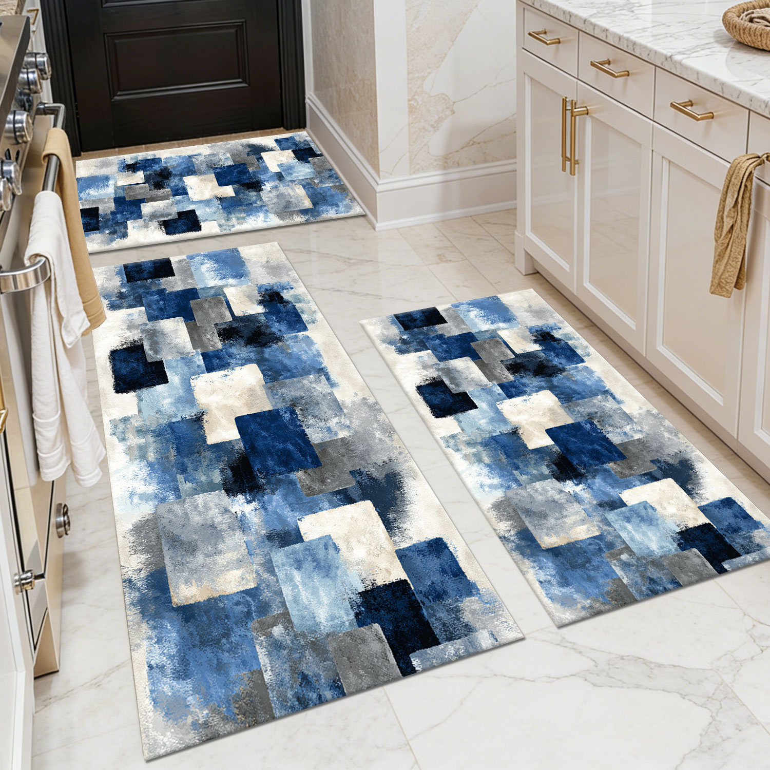 Three-piece kitchen rug set, non-slip and washable, abstract pattern kitchen hallway rug, soft and comfortable, suitable for sinks, floors, entrances, hallways and bathrooms.