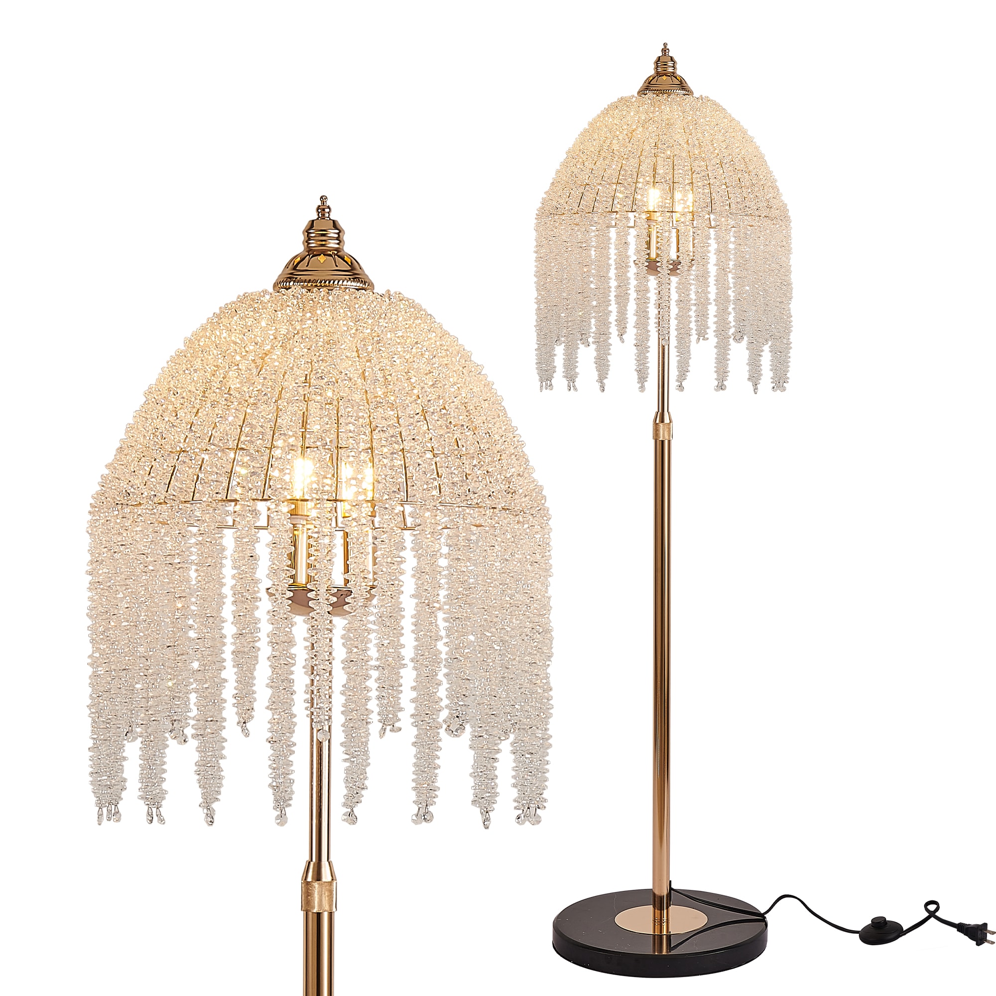 3-Light Elegant Crystal Floor Lamp – Vintage Waterfall Design with Cascading Crystal Beads and Marble Texture Base for Living Room, Bedroom, or Office Décor (Bulb Not Included)