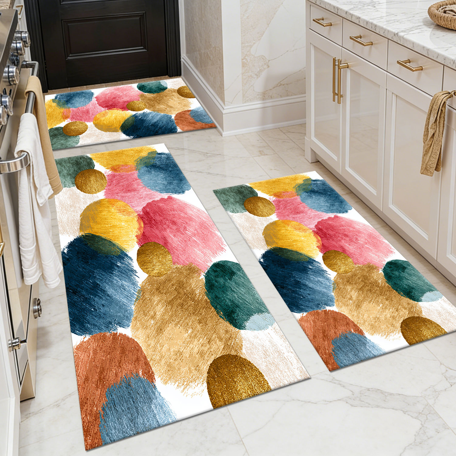 Three-piece kitchen rug set, non-slip and washable, abstract pattern kitchen hallway rug, soft and comfortable, suitable for sinks, floors, entrances, hallways and bathrooms.