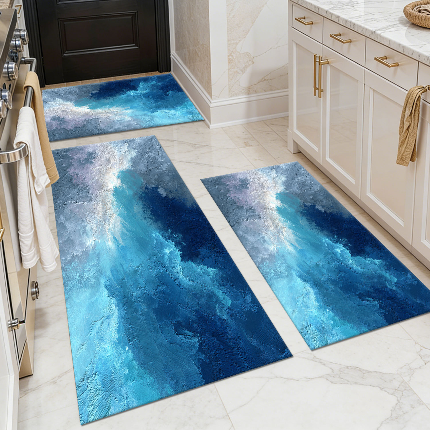 Three-piece kitchen rug set, non-slip and washable, abstract pattern kitchen hallway rug, soft and comfortable, suitable for sinks, floors, entrances, hallways and bathrooms.