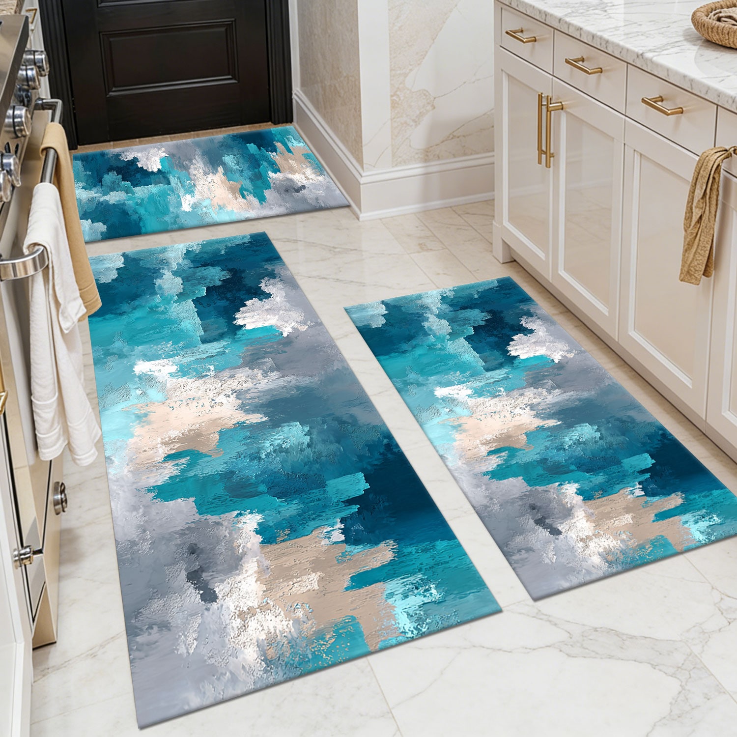 Three-piece kitchen rug set, non-slip and washable, abstract pattern kitchen hallway rug, soft and comfortable, suitable for sinks, floors, entrances, hallways and bathrooms.