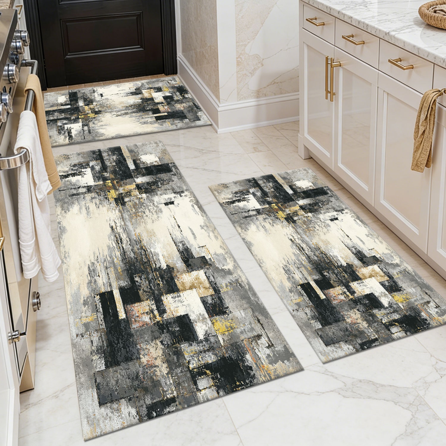 Three-piece kitchen rug set, non-slip and washable, abstract pattern kitchen hallway rug, soft and comfortable, suitable for sinks, floors, entrances, hallways and bathrooms.