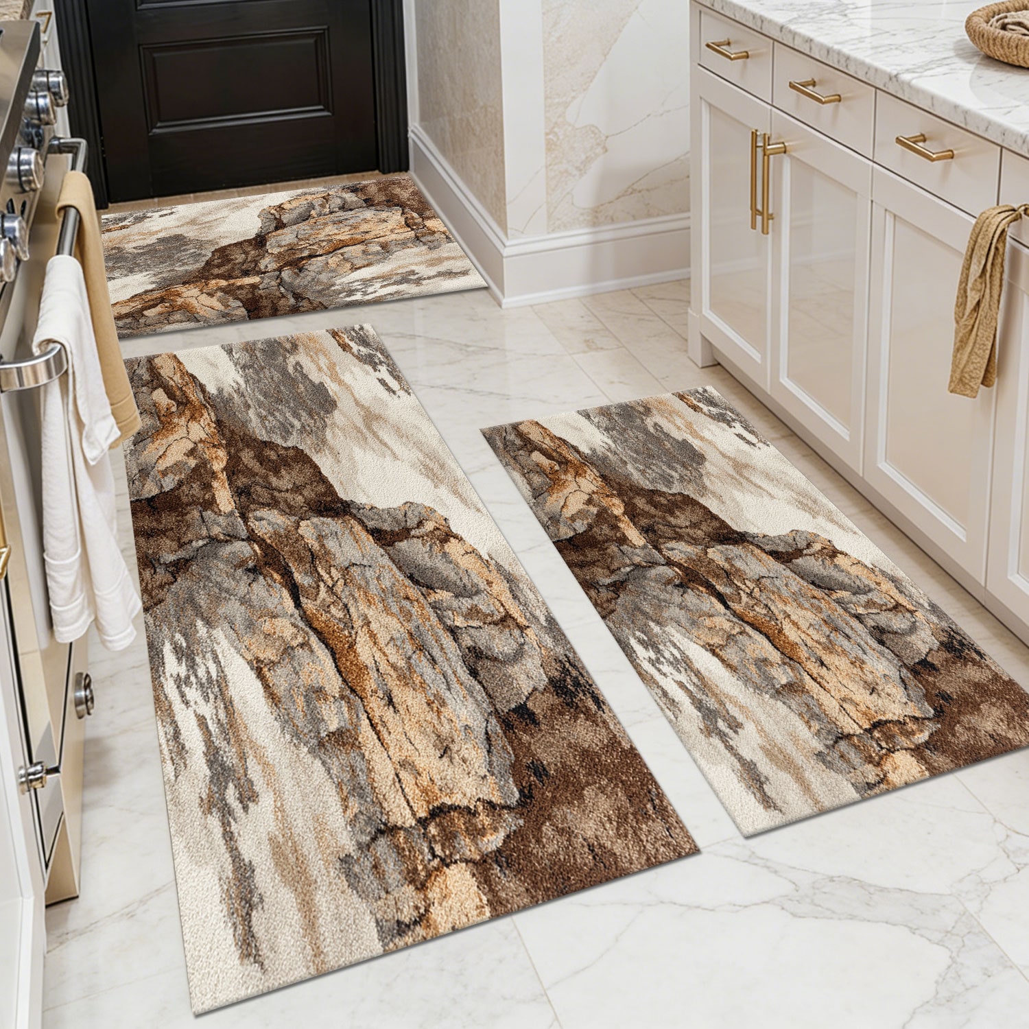 Three-piece kitchen rug set, non-slip and washable, abstract pattern kitchen hallway rug, soft and comfortable, suitable for sinks, floors, entrances, hallways and bathrooms.