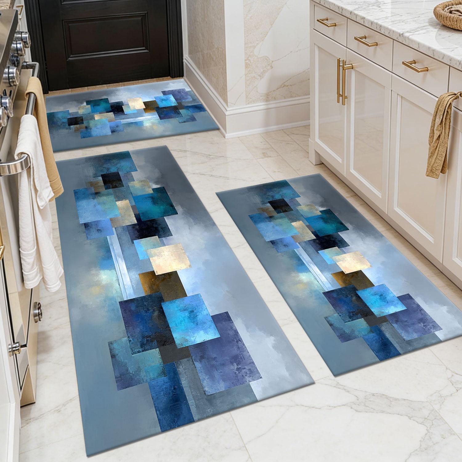 Three-piece kitchen rug set, non-slip and washable, abstract pattern kitchen hallway rug, soft and comfortable, suitable for sinks, floors, entrances, hallways and bathrooms.