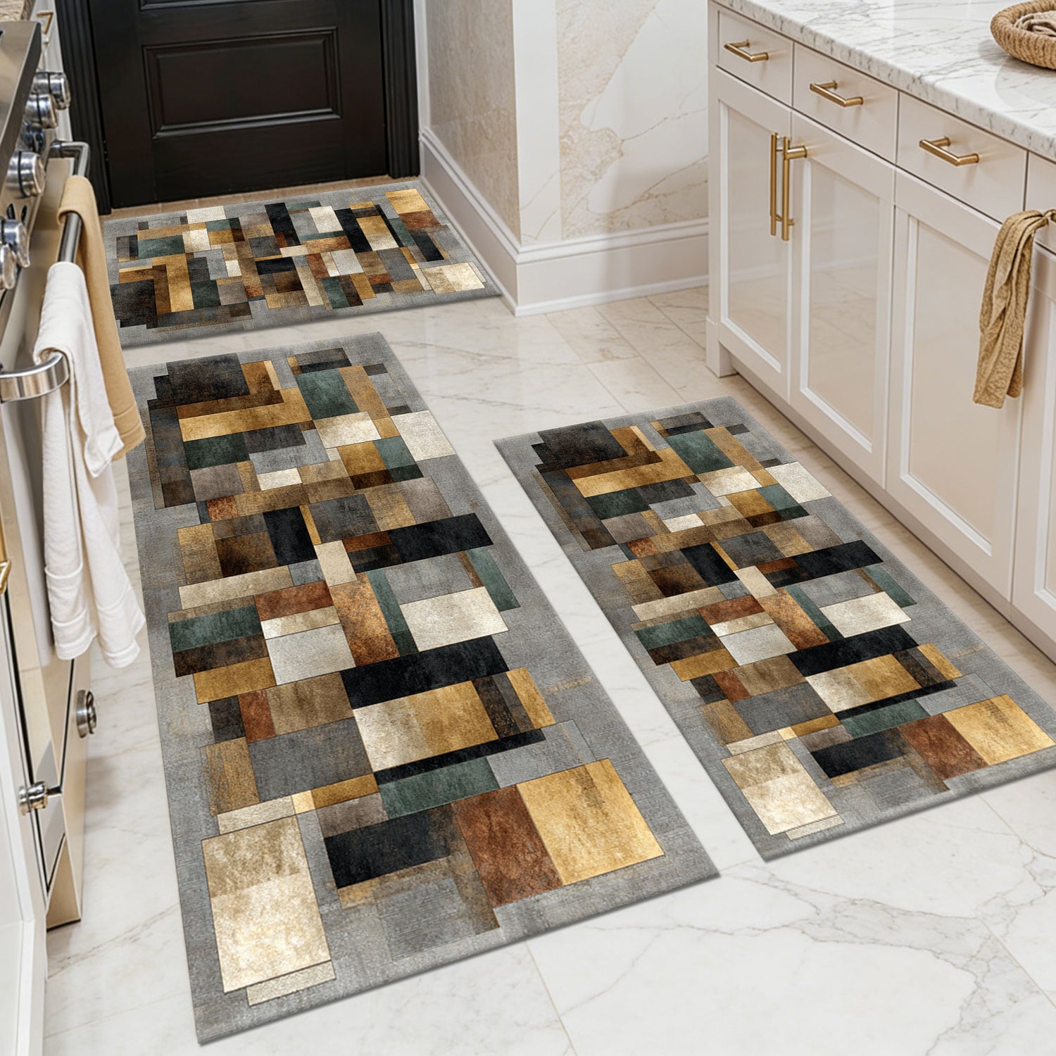 Three-piece kitchen rug set, non-slip and washable, abstract pattern kitchen hallway rug, soft and comfortable, suitable for sinks, floors, entrances, hallways and bathrooms.