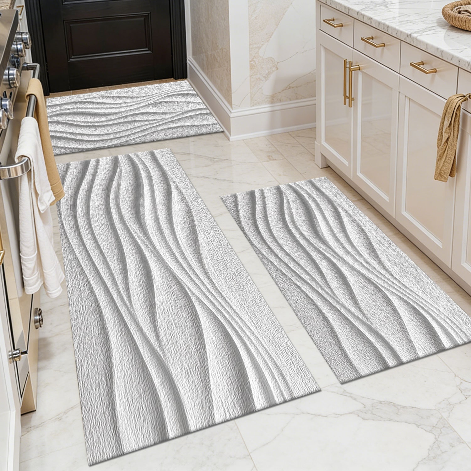 Three-piece kitchen rug set, non-slip and washable, abstract pattern kitchen hallway rug, soft and comfortable, suitable for sinks, floors, entrances, hallways and bathrooms.