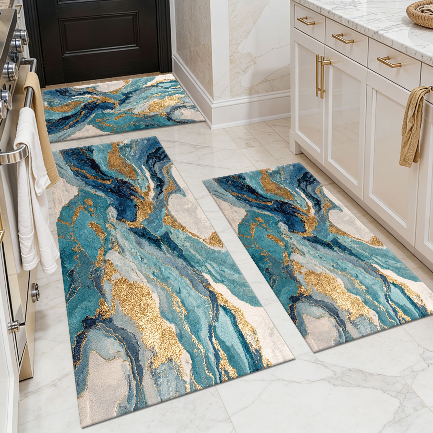 Three-piece kitchen rug set, non-slip and washable, abstract pattern kitchen hallway rug, soft and comfortable, suitable for sinks, floors, entrances, hallways and bathrooms.