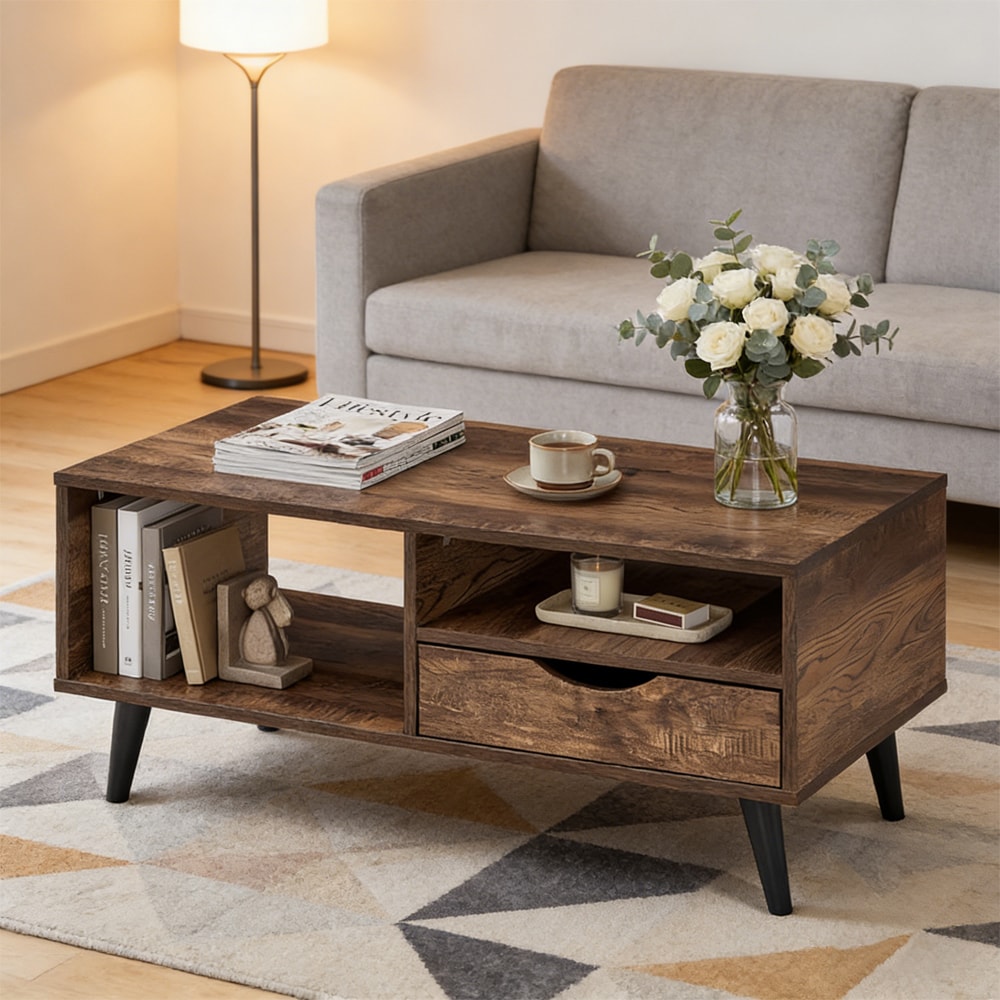 Coffee Table with Storage Rustic Rectangle Center Table Anti-slip Feet for Living Rooms, Lounges, Offices, or Even Bedrooms