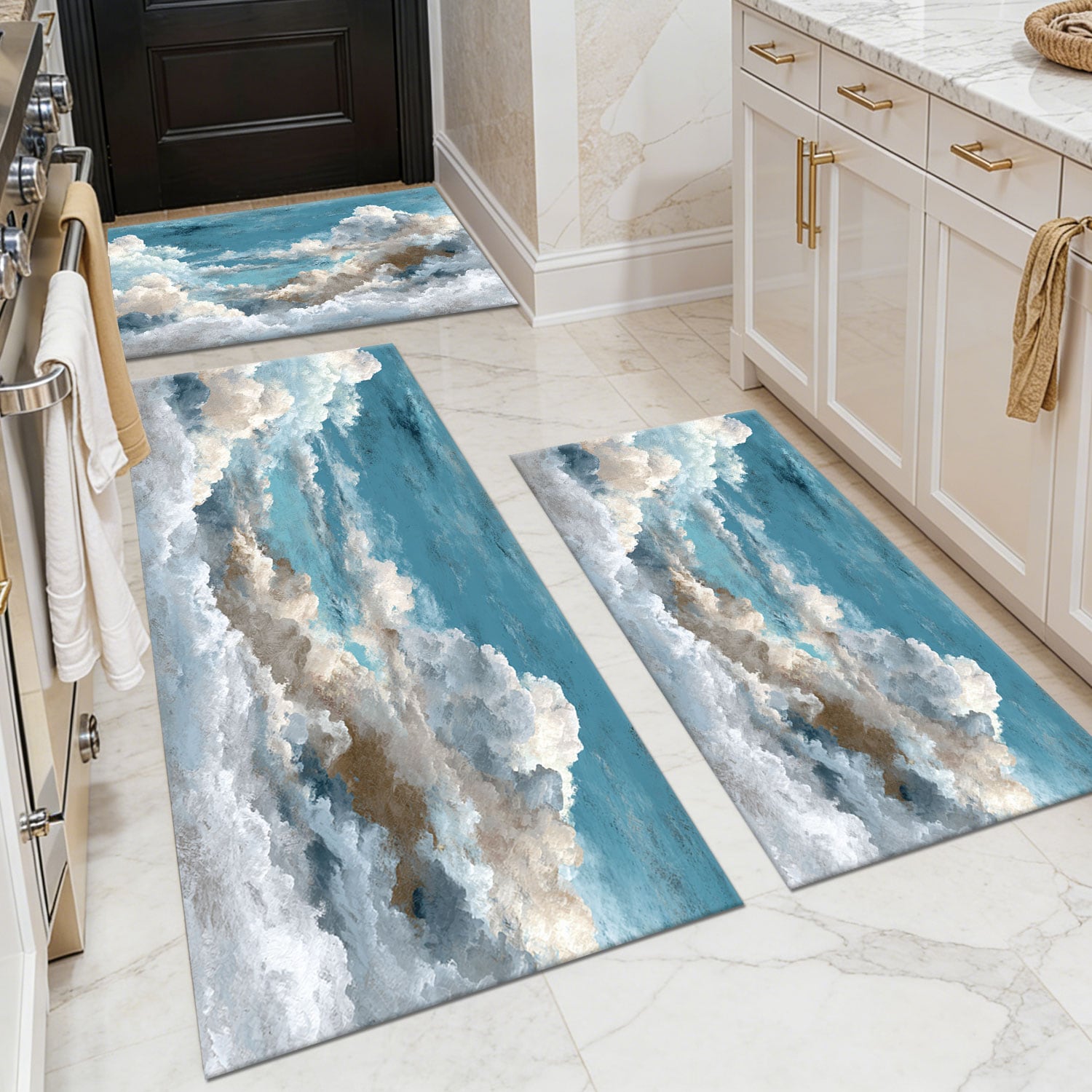 Three-piece kitchen rug set, non-slip and washable, abstract pattern kitchen hallway rug, soft and comfortable, suitable for sinks, floors, entrances, hallways and bathrooms.