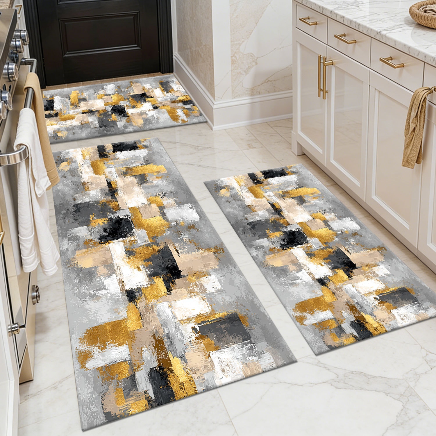 Three-piece kitchen rug set, non-slip and washable, abstract pattern kitchen hallway rug, soft and comfortable, suitable for sinks, floors, entrances, hallways and bathrooms.