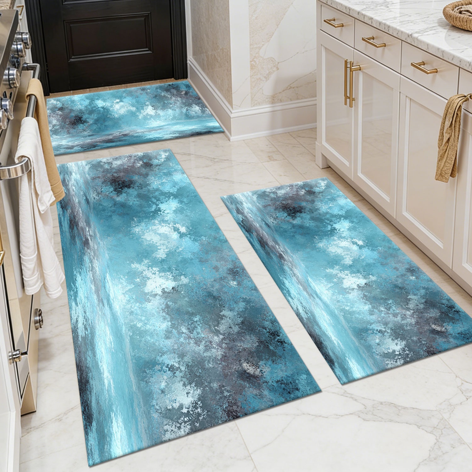 Three-piece kitchen rug set, non-slip and washable, abstract pattern kitchen hallway rug, soft and comfortable, suitable for sinks, floors, entrances, hallways and bathrooms.