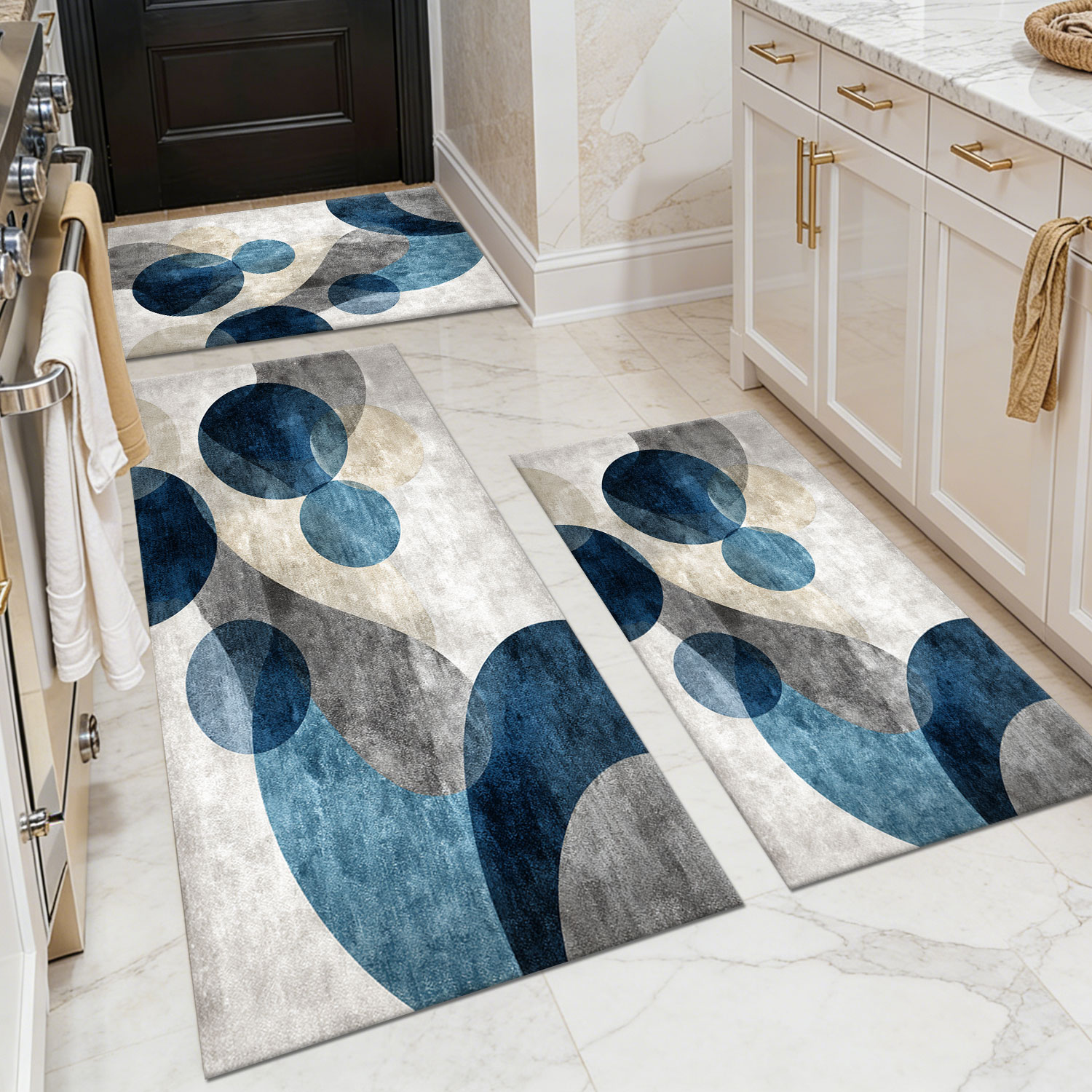 Three-piece kitchen rug set, non-slip and washable, abstract pattern kitchen hallway rug, soft and comfortable, suitable for sinks, floors, entrances, hallways and bathrooms.