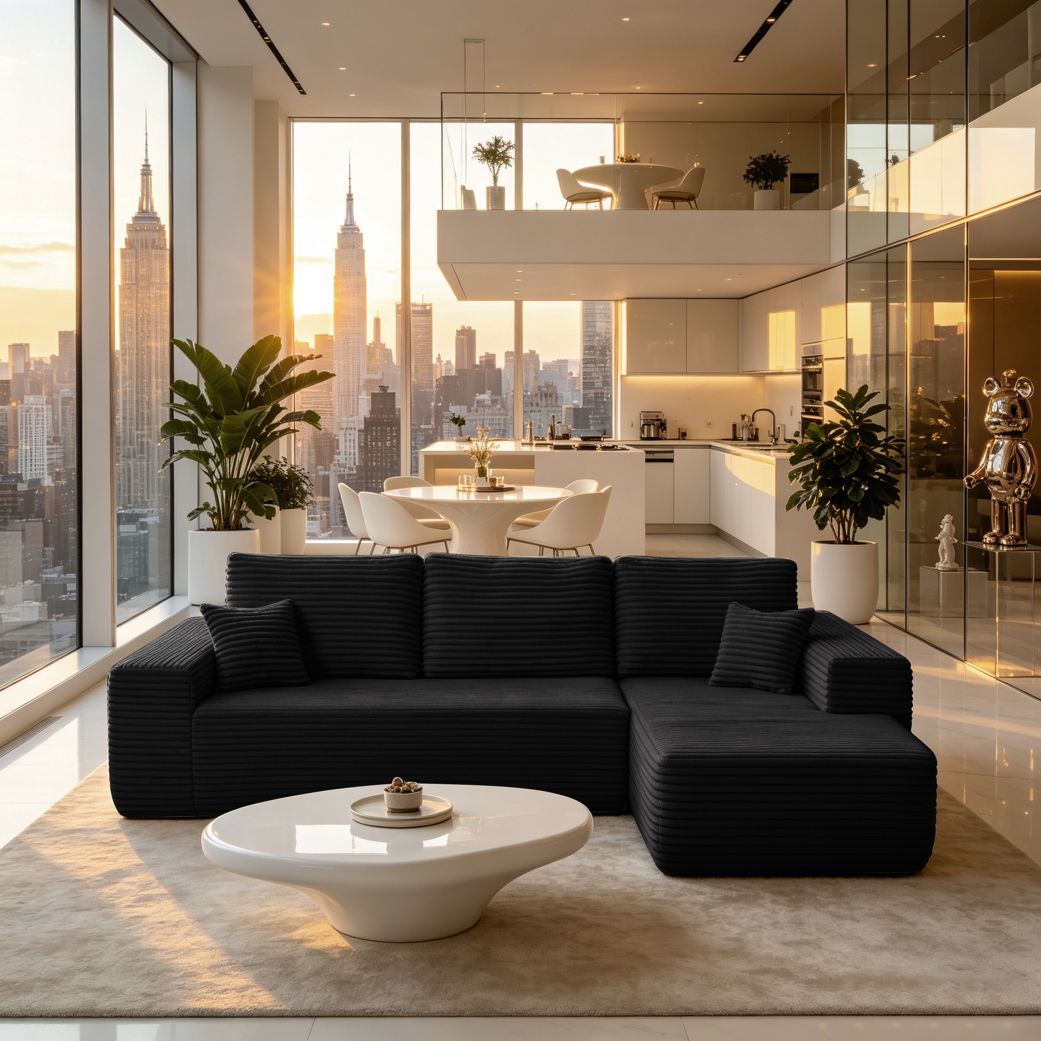 104.3''Cloud Sectional Couch with L-Shaped Chaise,Modern Modular Sofa with Deep Seat, with side pockets ,Upholstered Couches for Living Room Bedroom,No Assembly Required,(Plush Fabric),BLACK,Right