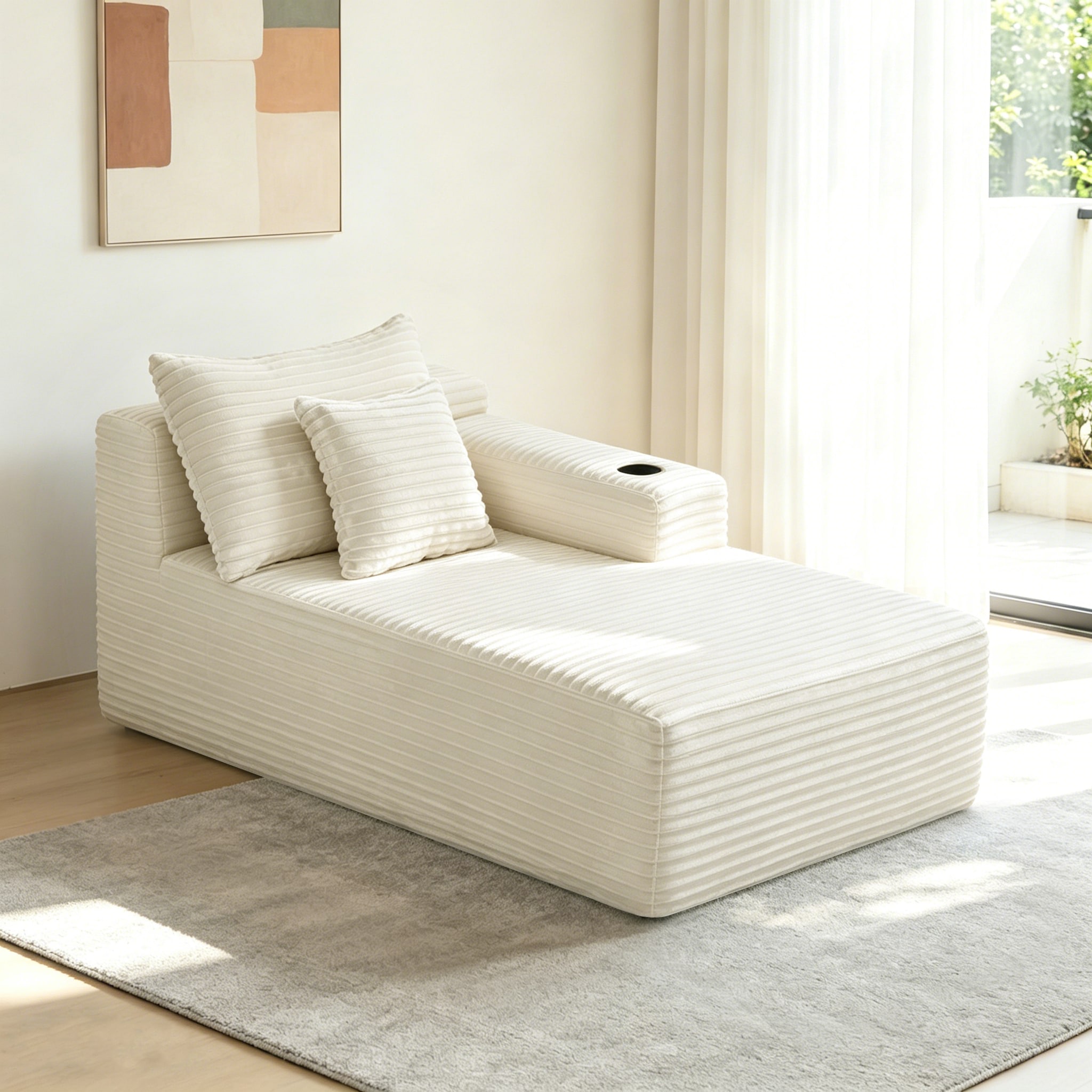 37.5-inch Right chaise longue with plush white velvet, cup holder, flexible matching, mainly for living room use.