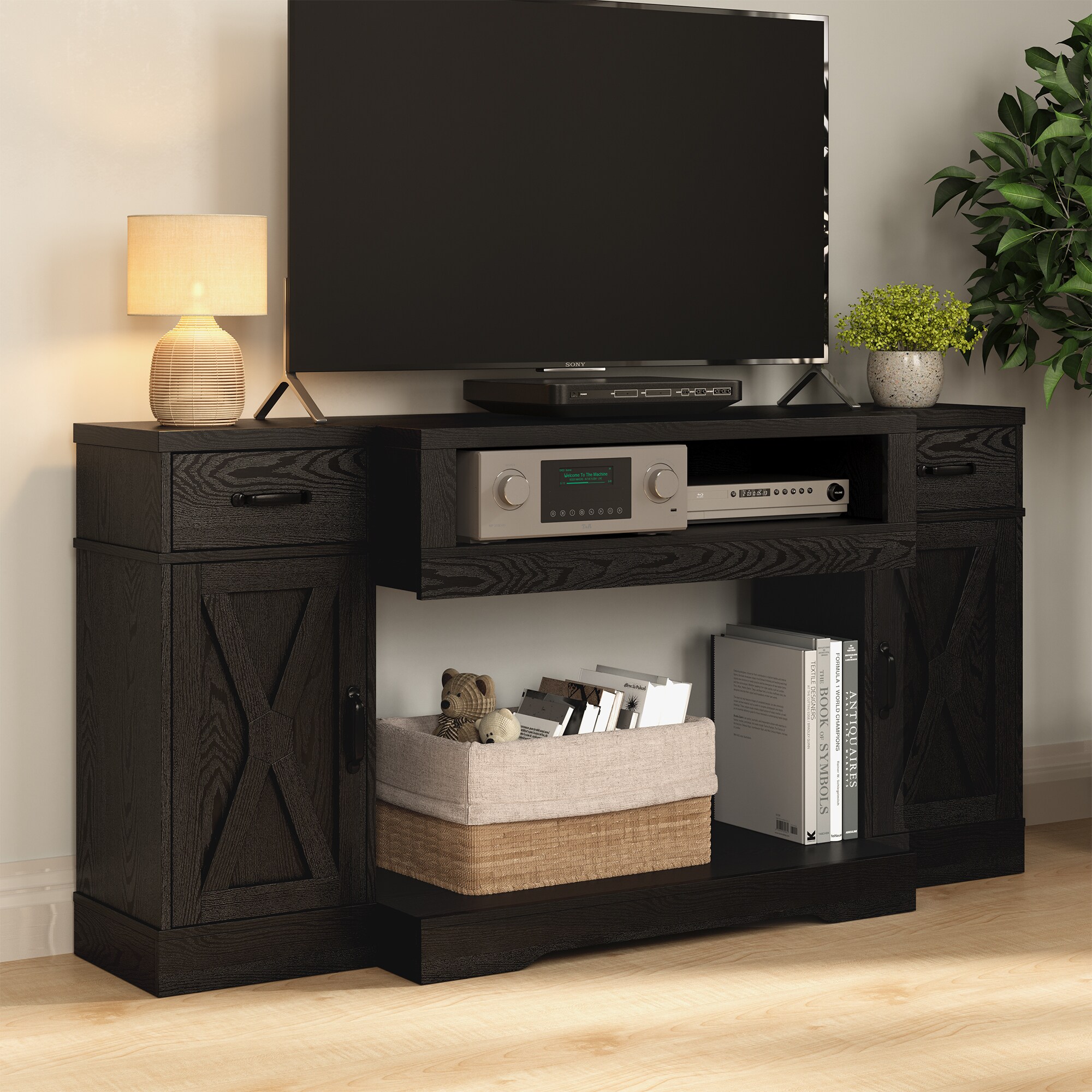 Farmhouse TV Stands, Media Console Table with Adjustable Shelves & Double-door, Entertainment Center for TVs up to 75'', 3-in-1 TV Cabinet for Living Room, Bedroom, Study Room, Black