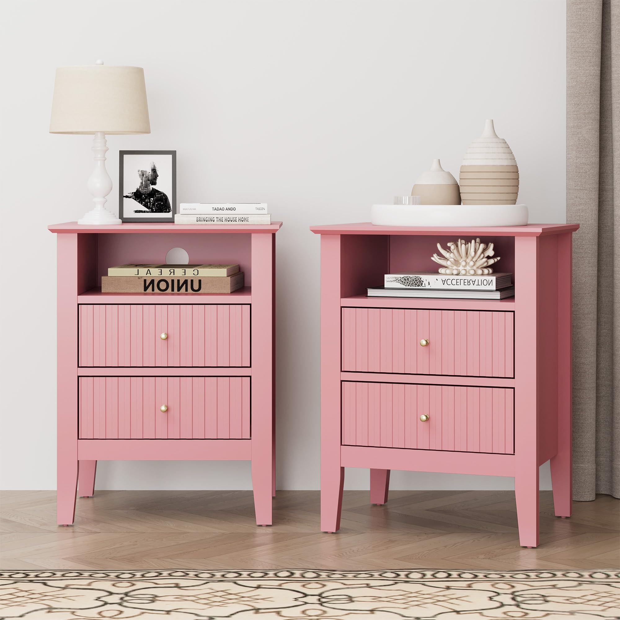Fluted Night Stand Set of 2, Wide Nightstand with 2 Drawers, 23