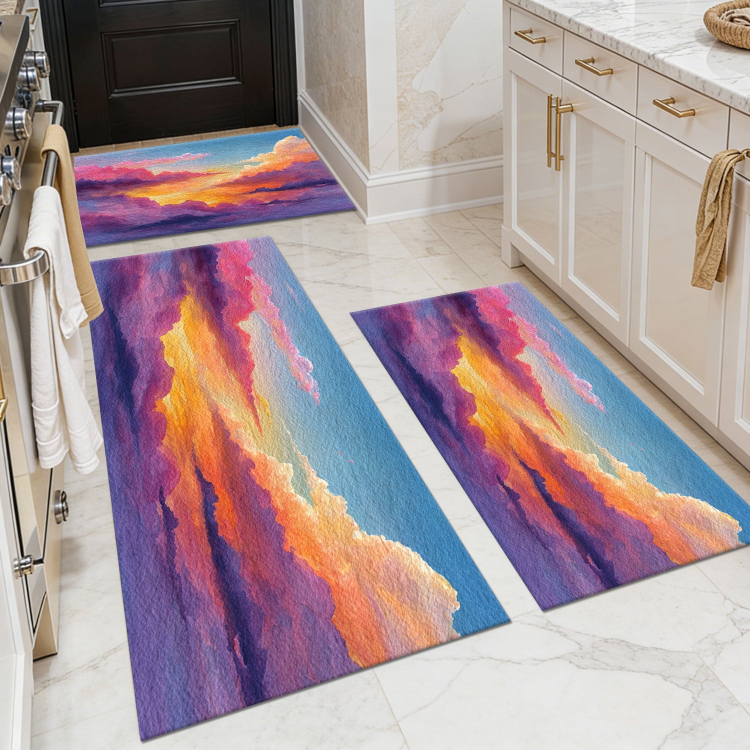 Three-piece kitchen rug set, non-slip and washable, abstract pattern kitchen hallway rug, soft and comfortable, suitable for sinks, floors, entrances, hallways and bathrooms.
