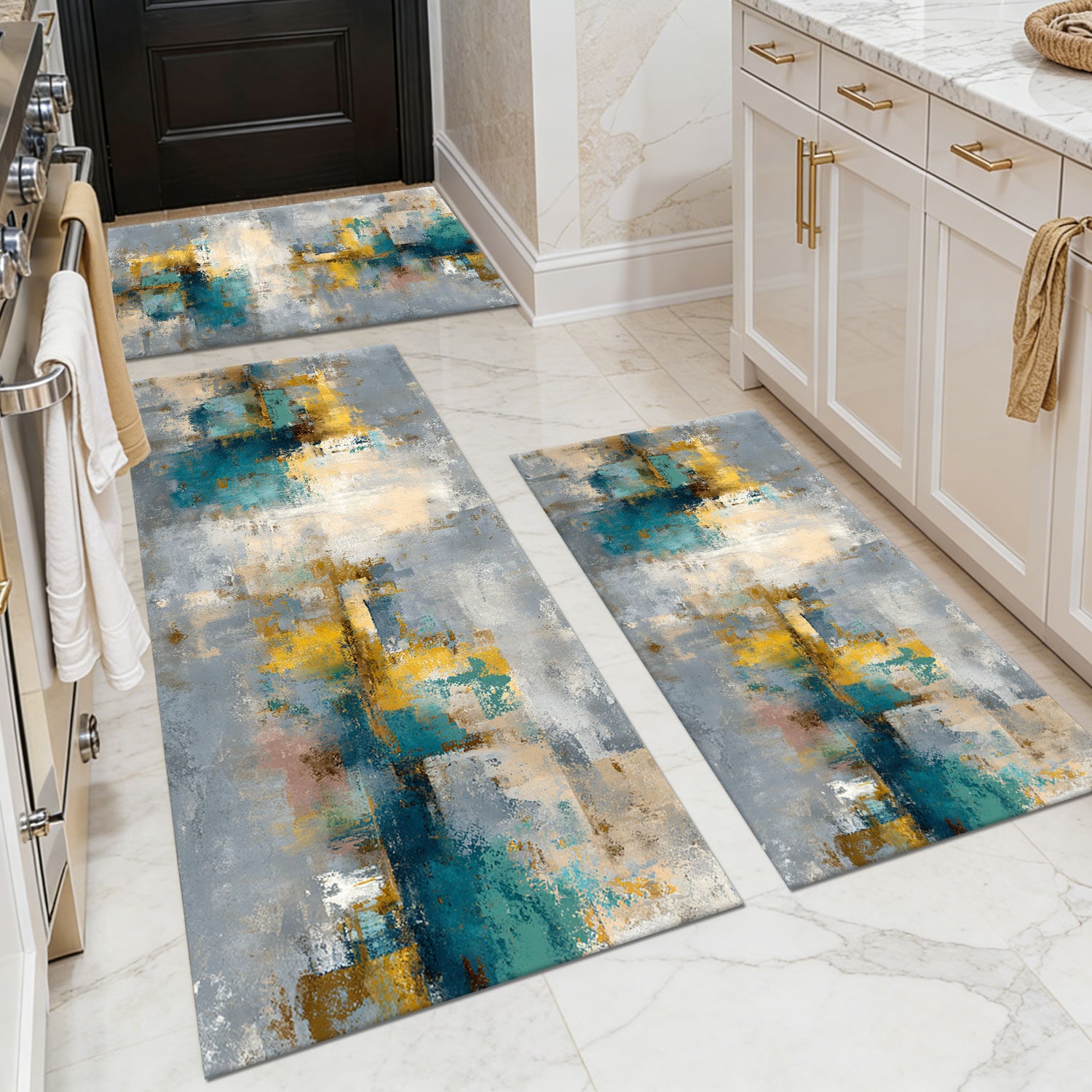 Three-piece kitchen rug set, non-slip and washable, abstract pattern kitchen hallway rug, soft and comfortable, suitable for sinks, floors, entrances, hallways and bathrooms.
