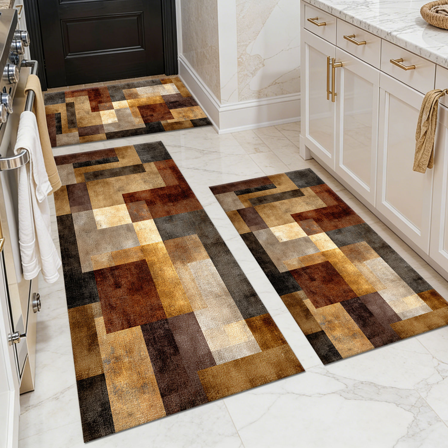 Three-piece kitchen rug set, non-slip and washable, abstract pattern kitchen hallway rug, soft and comfortable, suitable for sinks, floors, entrances, hallways and bathrooms.