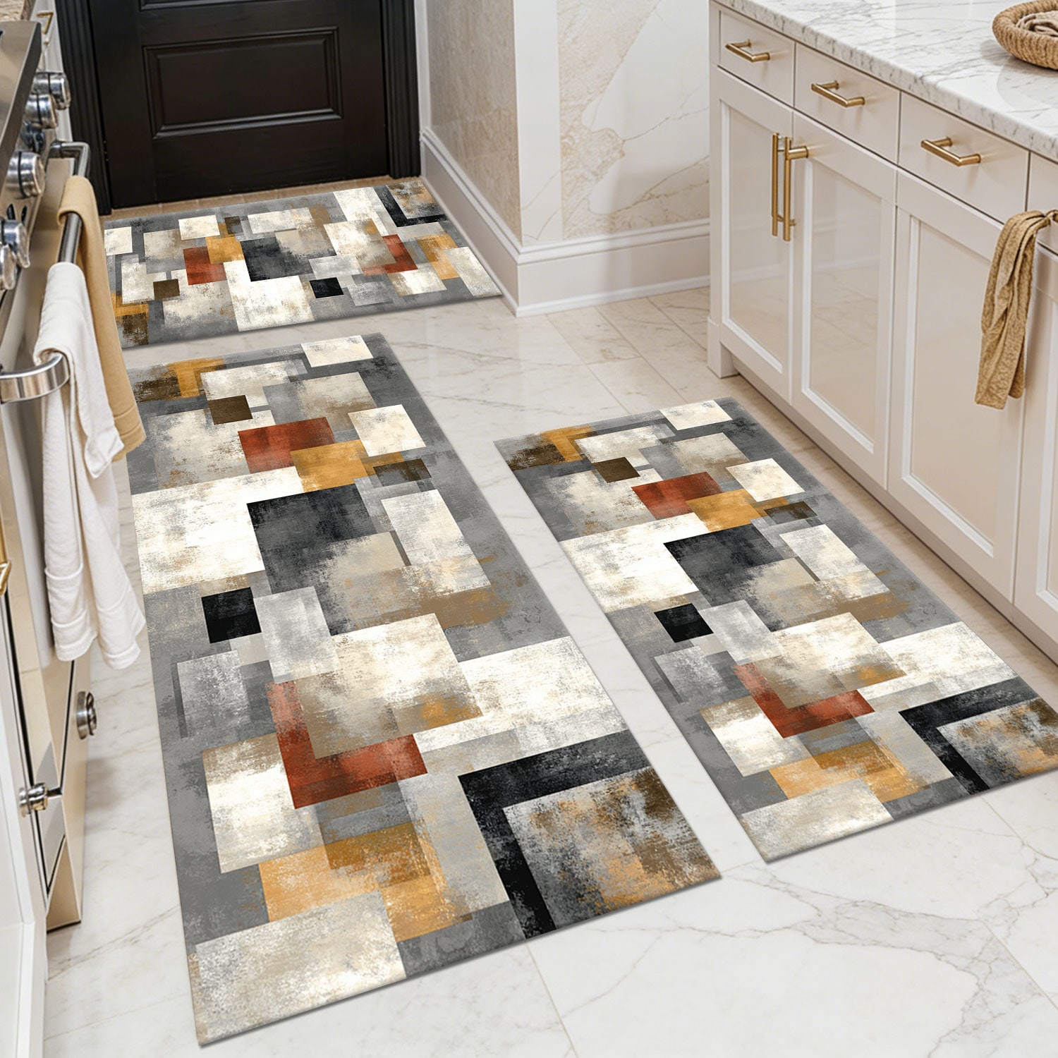 Three-piece kitchen rug set, non-slip and washable, abstract pattern kitchen hallway rug, soft and comfortable, suitable for sinks, floors, entrances, hallways and bathrooms.