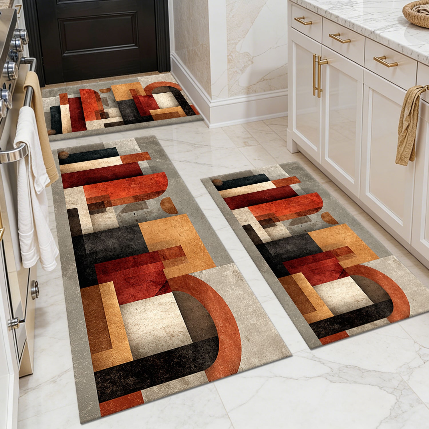 Three-piece kitchen rug set, non-slip and washable, abstract pattern kitchen hallway rug, soft and comfortable, suitable for sinks, floors, entrances, hallways and bathrooms.