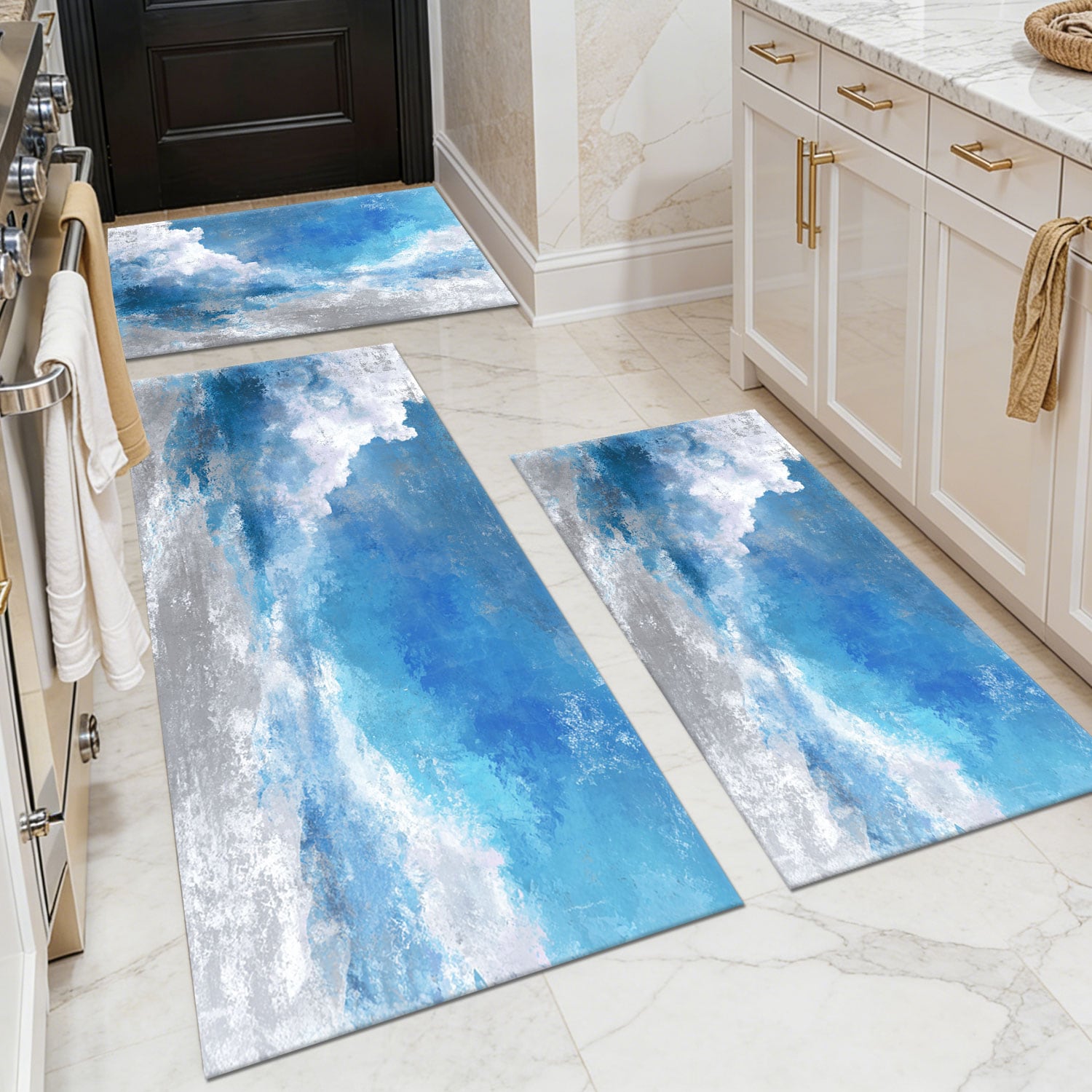 Three-piece kitchen rug set, non-slip and washable, abstract pattern kitchen hallway rug, soft and comfortable, suitable for sinks, floors, entrances, hallways and bathrooms.