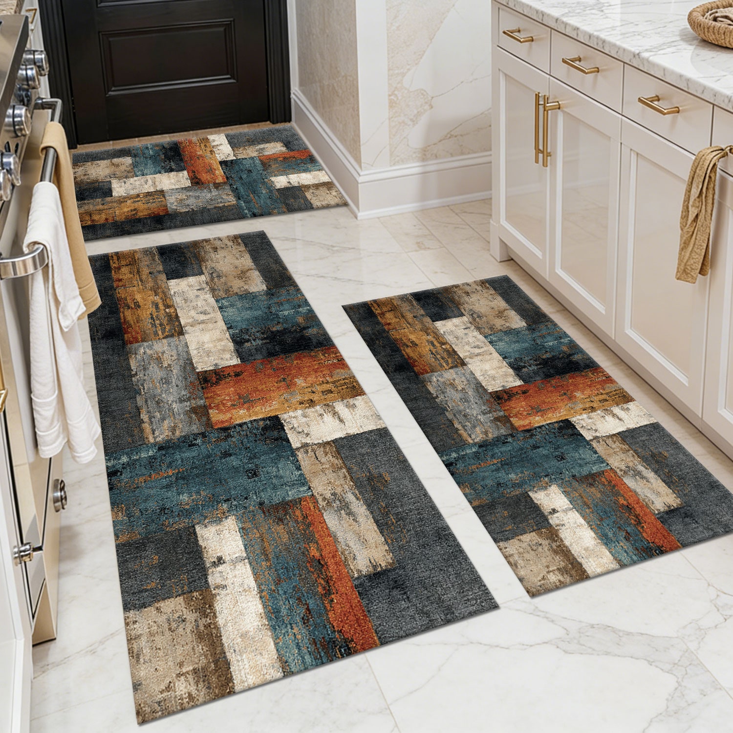Three-piece kitchen rug set, non-slip and washable, abstract pattern kitchen hallway rug, soft and comfortable, suitable for sinks, floors, entrances, hallways and bathrooms.