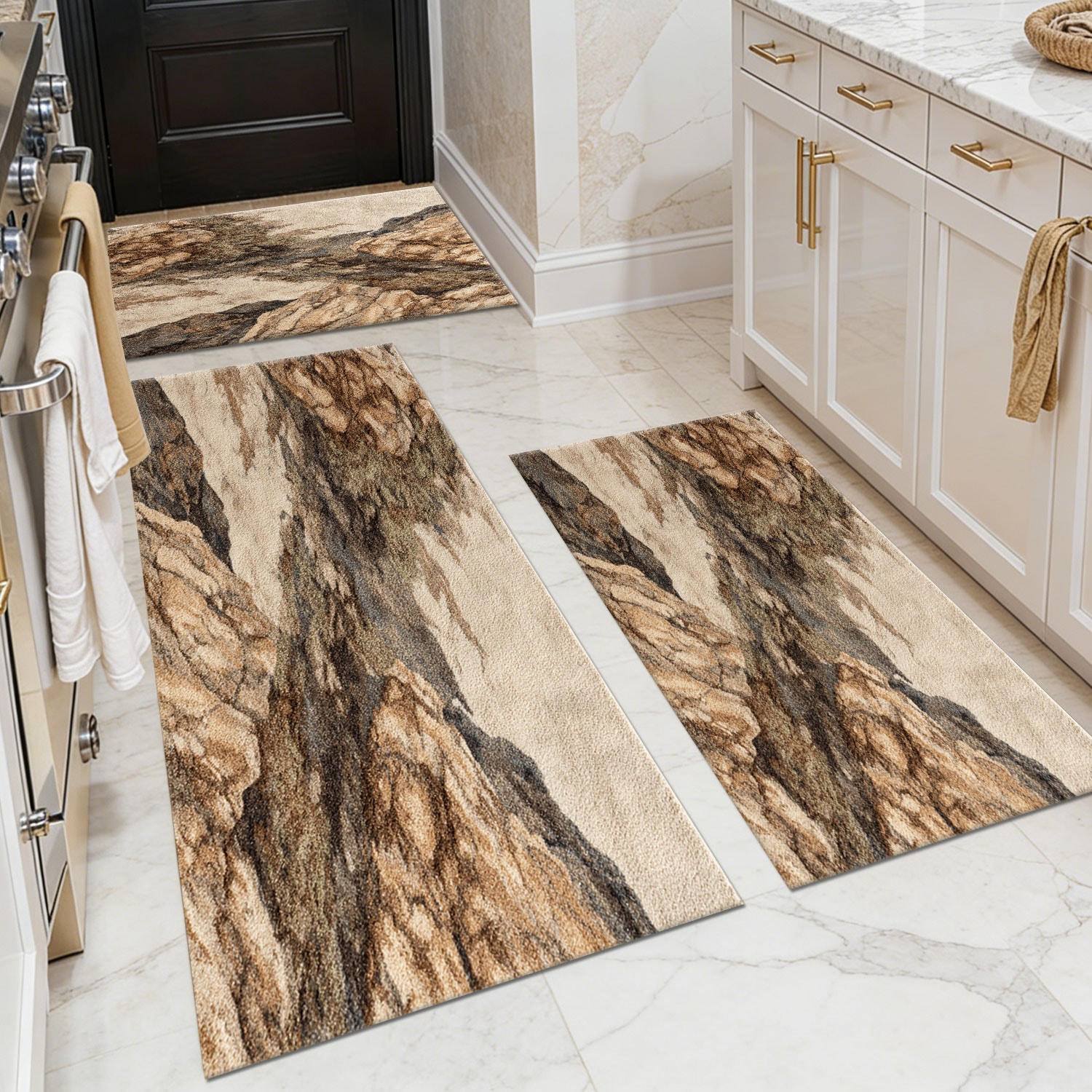 Three-piece kitchen rug set, non-slip and washable, abstract pattern kitchen hallway rug, soft and comfortable, suitable for sinks, floors, entrances, hallways and bathrooms.