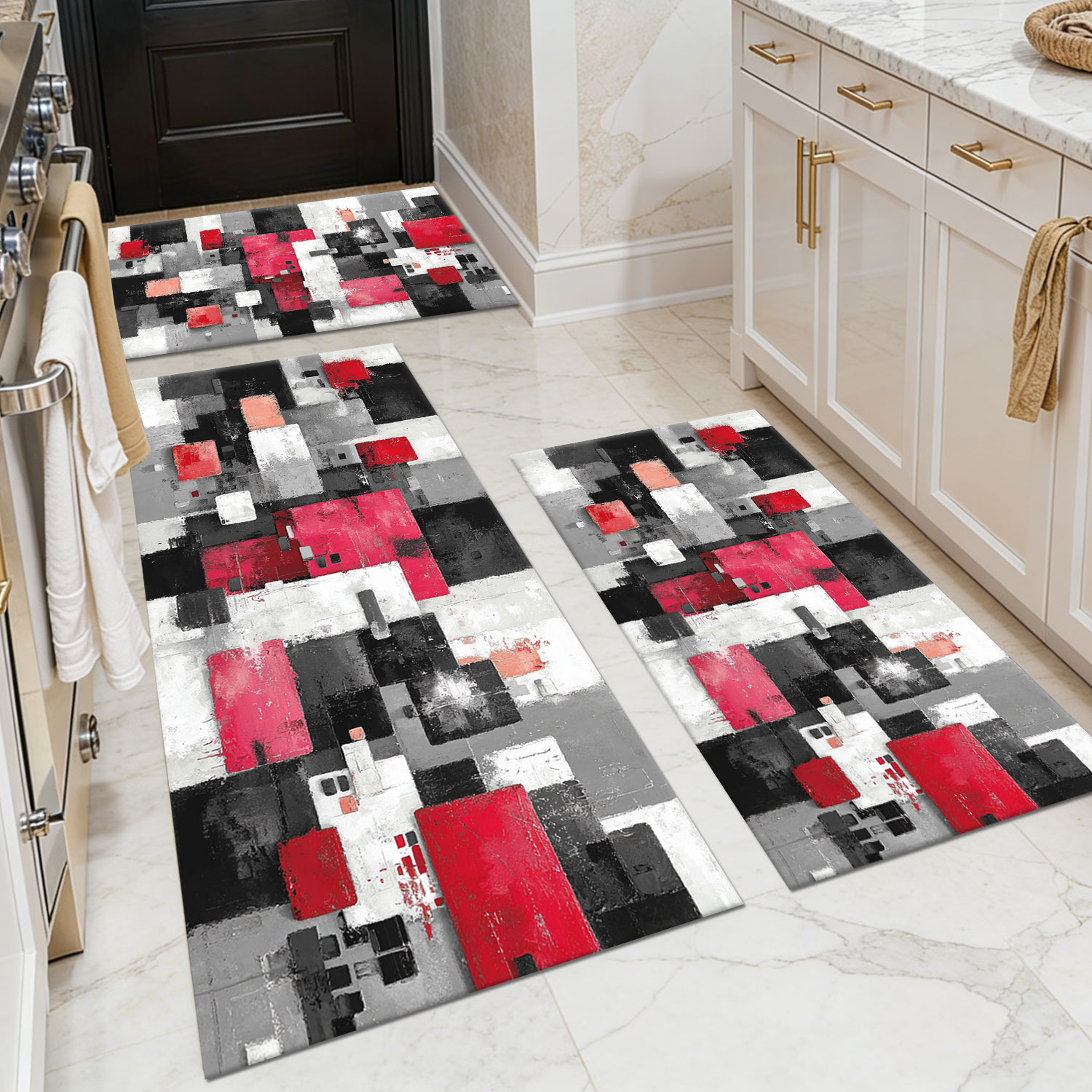 Three-piece kitchen rug set, non-slip and washable, abstract pattern kitchen hallway rug, soft and comfortable, suitable for sinks, floors, entrances, hallways and bathrooms.