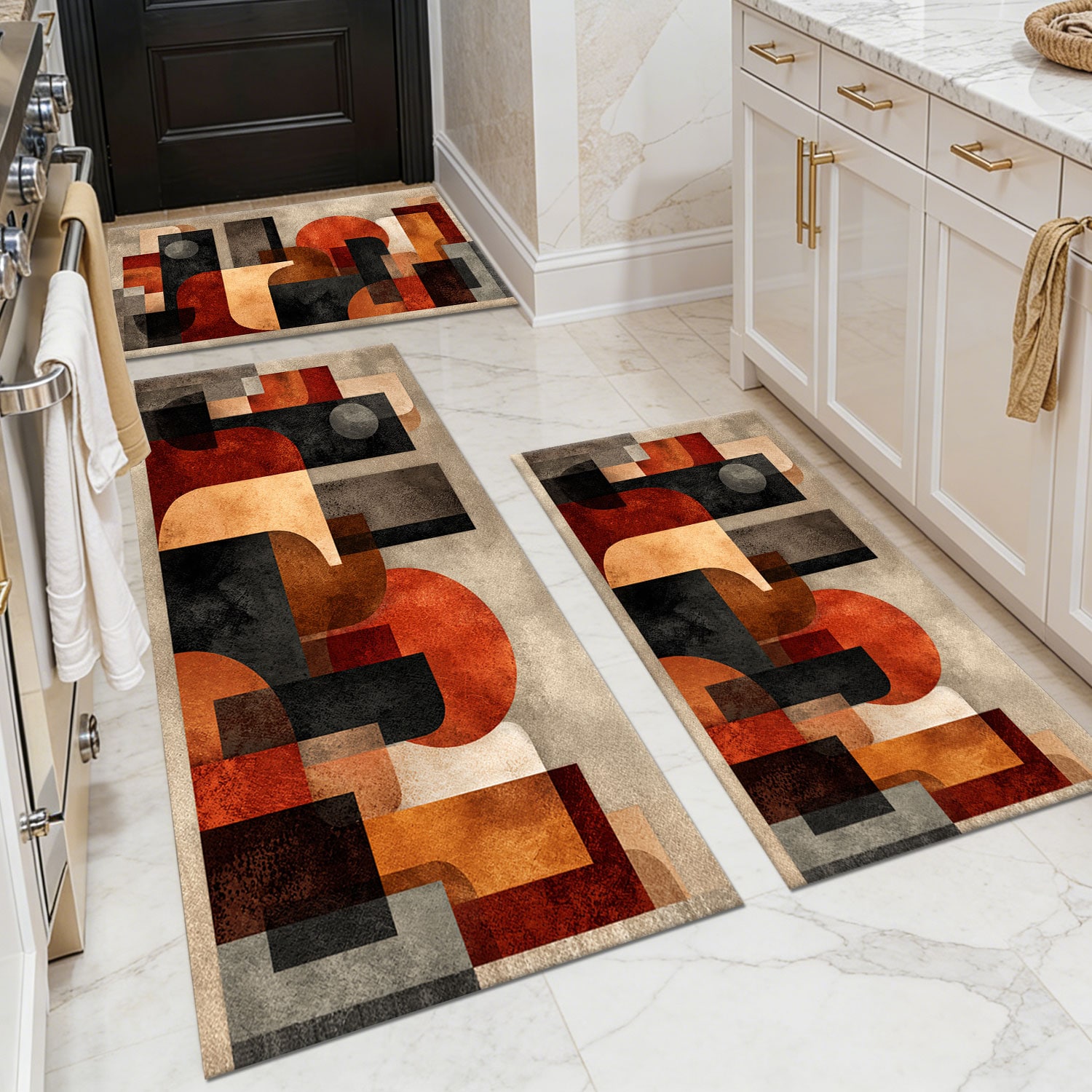 Three-piece kitchen rug set, non-slip and washable, abstract pattern kitchen hallway rug, soft and comfortable, suitable for sinks, floors, entrances, hallways and bathrooms.