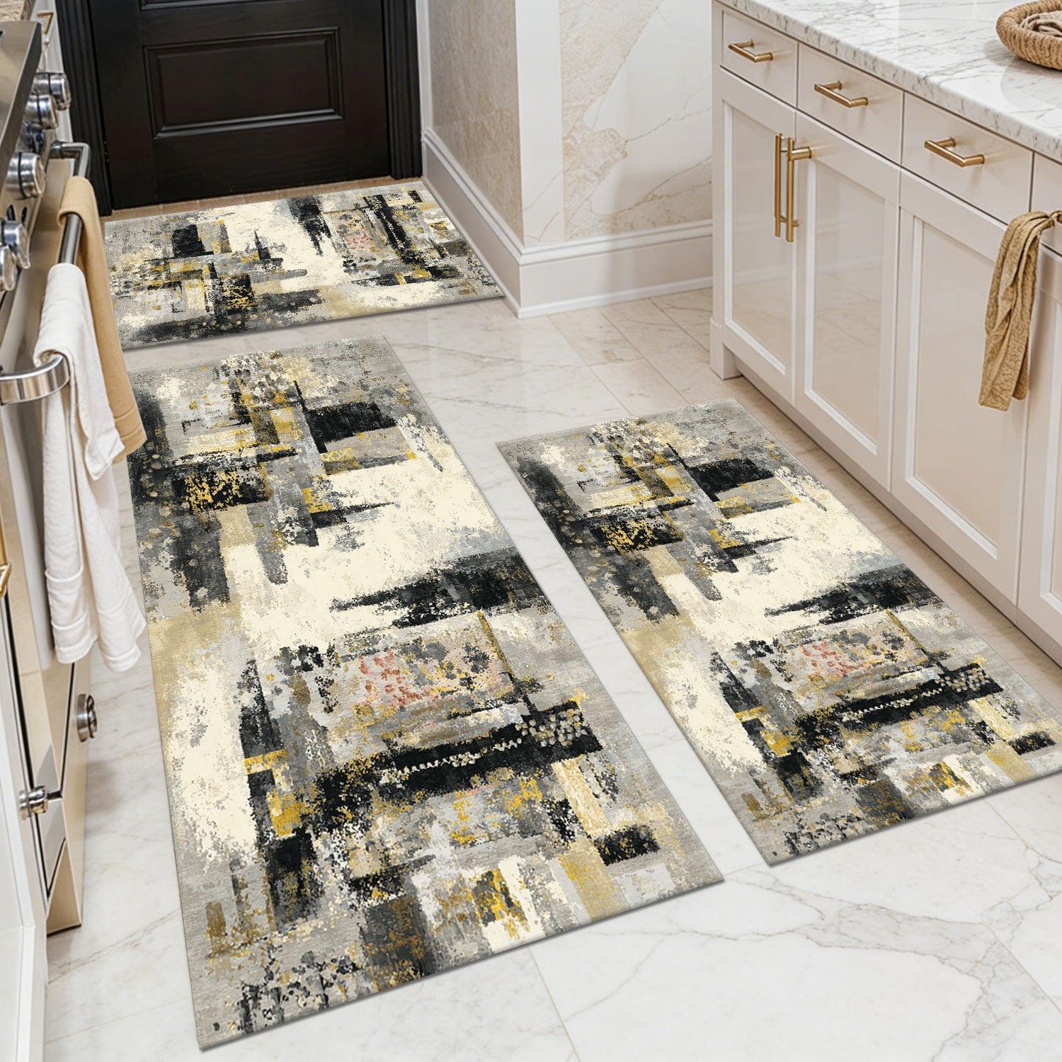Three-piece kitchen rug set, non-slip and washable, abstract pattern kitchen hallway rug, soft and comfortable, suitable for sinks, floors, entrances, hallways and bathrooms.