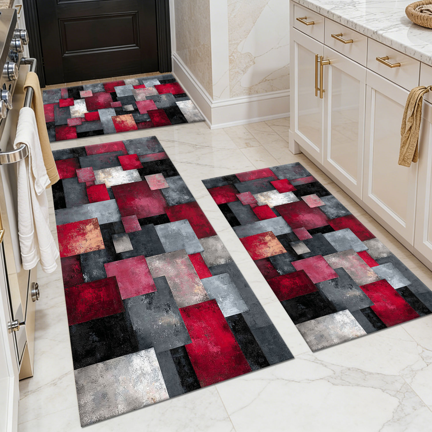 Three-piece kitchen rug set, non-slip and washable, abstract pattern kitchen hallway rug, soft and comfortable, suitable for sinks, floors, entrances, hallways and bathrooms.