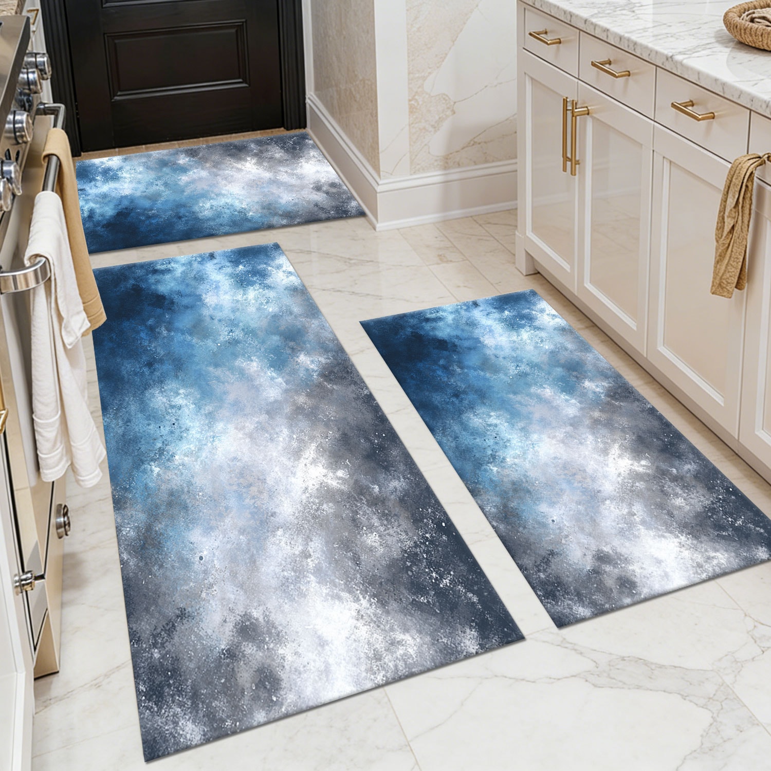 Three-piece kitchen rug set, non-slip and washable, abstract pattern kitchen hallway rug, soft and comfortable, suitable for sinks, floors, entrances, hallways and bathrooms.