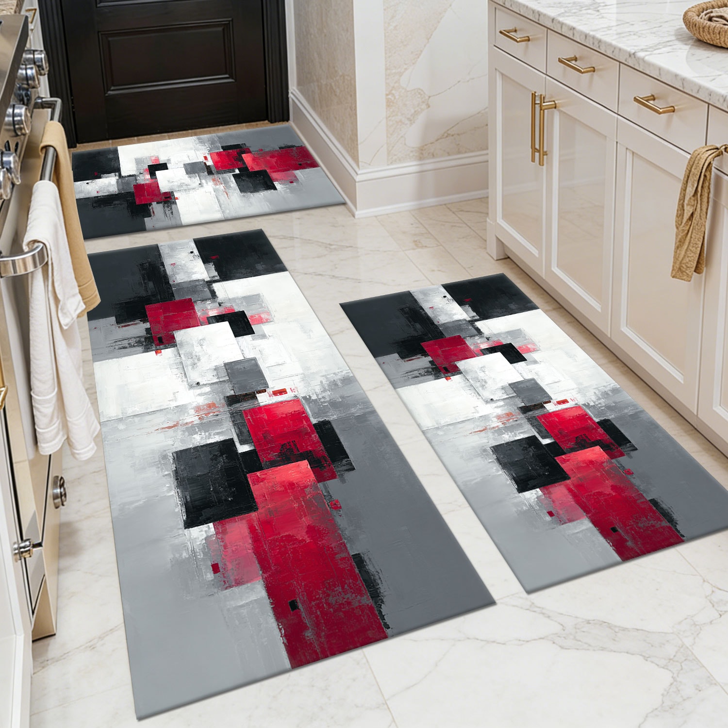 Three-piece kitchen rug set, non-slip and washable, abstract pattern kitchen hallway rug, soft and comfortable, suitable for sinks, floors, entrances, hallways and bathrooms.