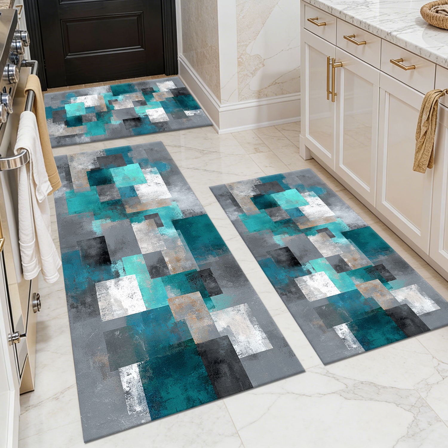 Three-piece kitchen rug set, non-slip and washable, abstract pattern kitchen hallway rug, soft and comfortable, suitable for sinks, floors, entrances, hallways and bathrooms.