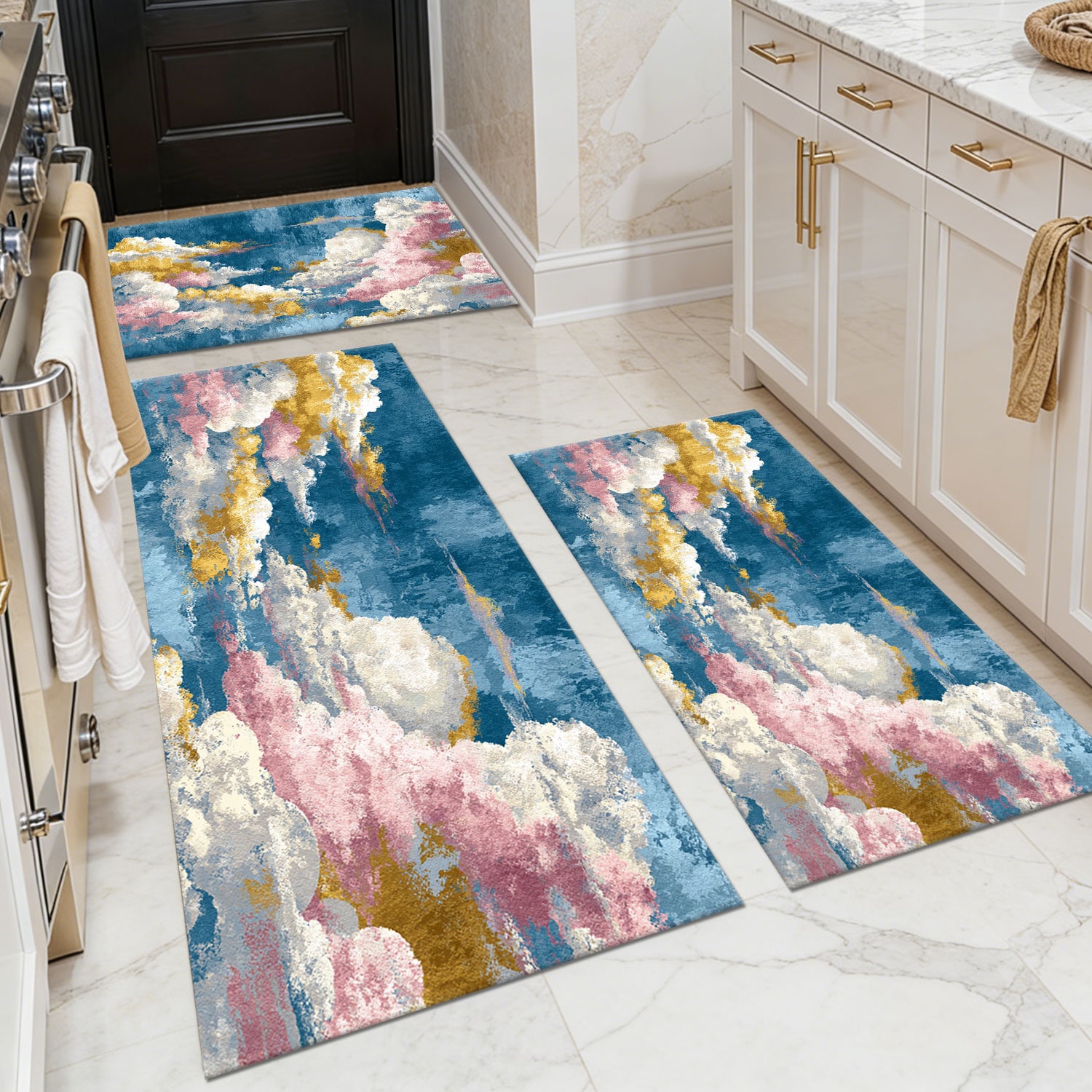Three-piece kitchen rug set, non-slip and washable, abstract pattern kitchen hallway rug, soft and comfortable, suitable for sinks, floors, entrances, hallways and bathrooms.