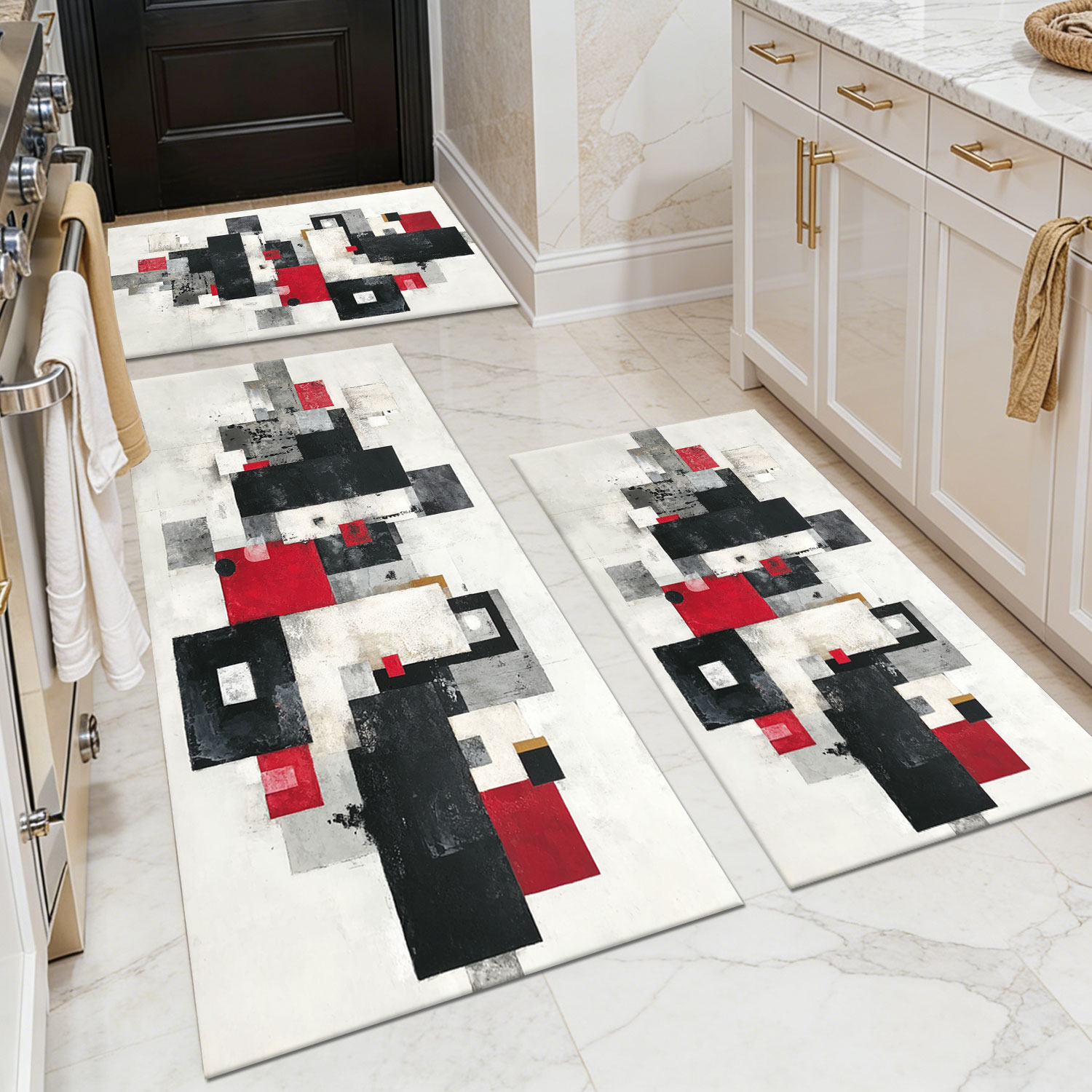 Three-piece kitchen rug set, non-slip and washable, abstract pattern kitchen hallway rug, soft and comfortable, suitable for sinks, floors, entrances, hallways and bathrooms.