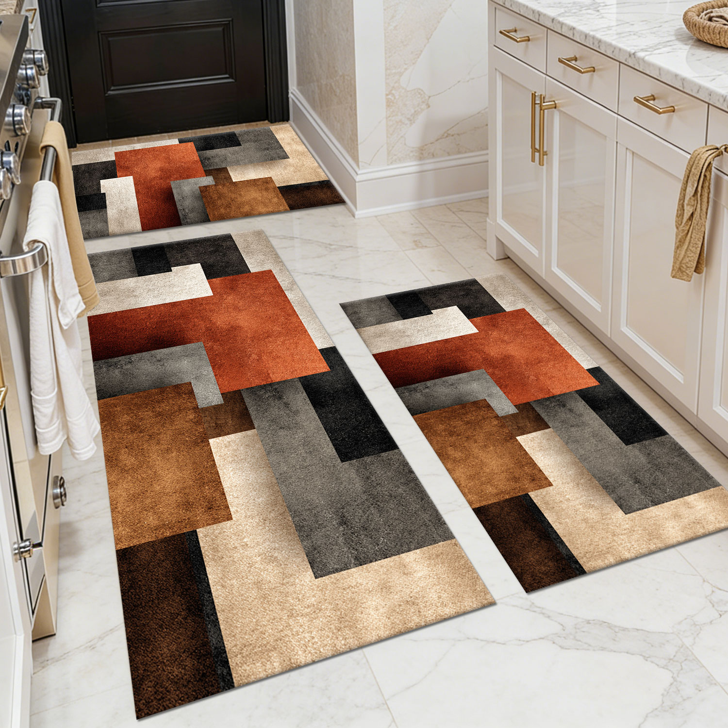 Three-piece kitchen rug set, non-slip and washable, abstract pattern kitchen hallway rug, soft and comfortable, suitable for sinks, floors, entrances, hallways and bathrooms.