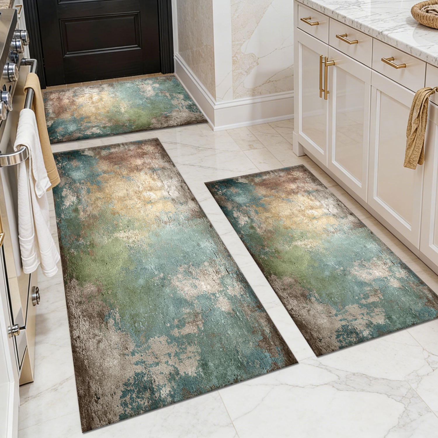 Three-piece kitchen rug set, non-slip and washable, abstract pattern kitchen hallway rug, soft and comfortable, suitable for sinks, floors, entrances, hallways and bathrooms.