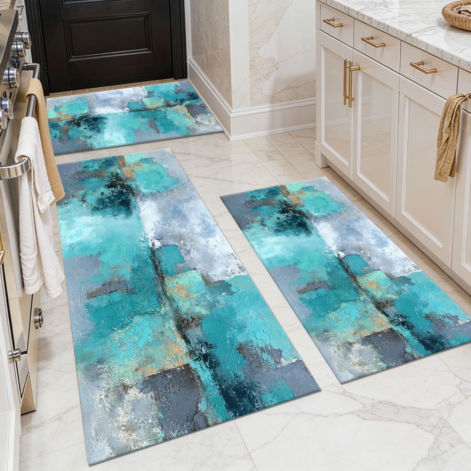 Three-piece kitchen rug set, non-slip and washable, abstract pattern kitchen hallway rug, soft and comfortable, suitable for sinks, floors, entrances, hallways and bathrooms.