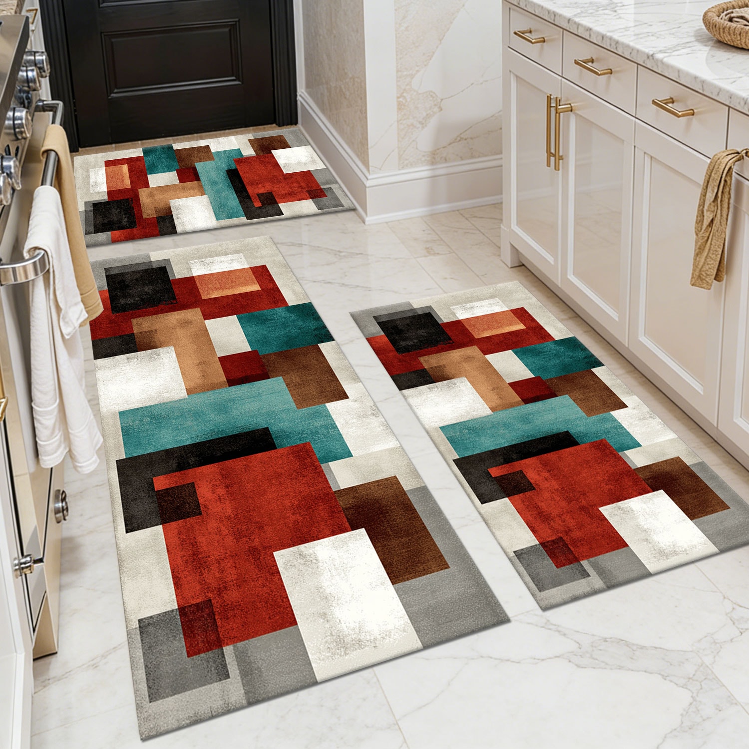Three-piece kitchen rug set, non-slip and washable, abstract pattern kitchen hallway rug, soft and comfortable, suitable for sinks, floors, entrances, hallways and bathrooms.