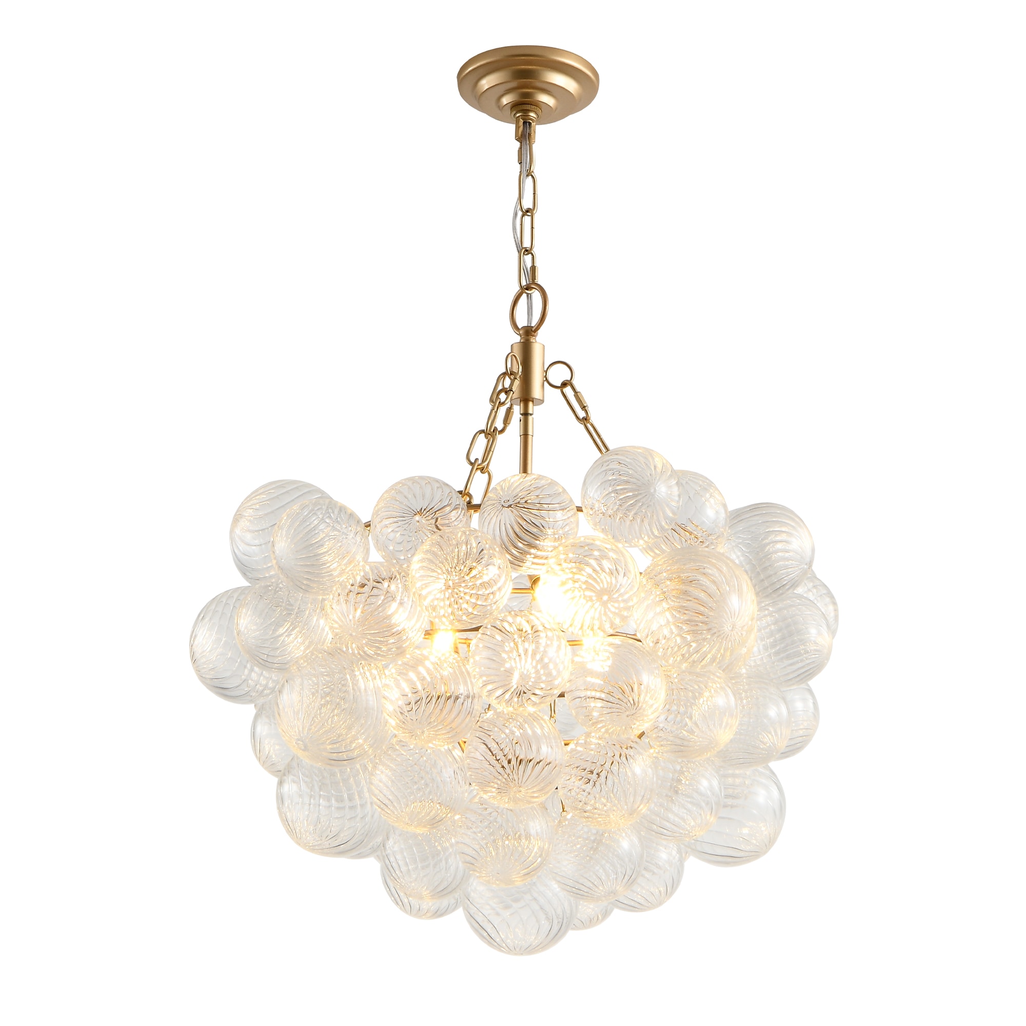 20-Inch Gold Pendant Light Chandelier with Threaded Clear Glass Globe Shade – Adjustable Height, Ideal for Living Room, Dining Room, Kitchen (No Bulbs)