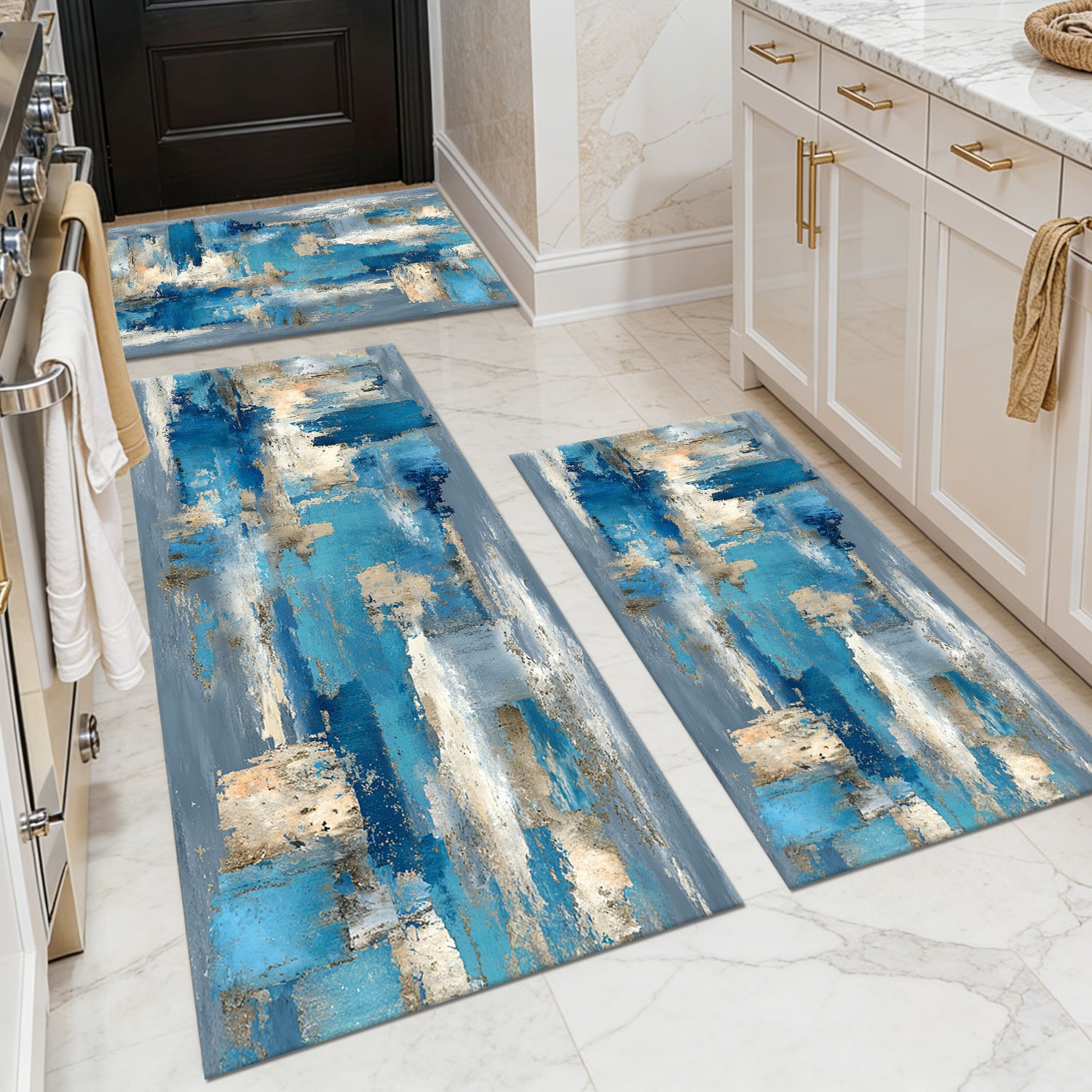 Three-piece kitchen rug set, non-slip and washable, abstract pattern kitchen hallway rug, soft and comfortable, suitable for sinks, floors, entrances, hallways and bathrooms.
