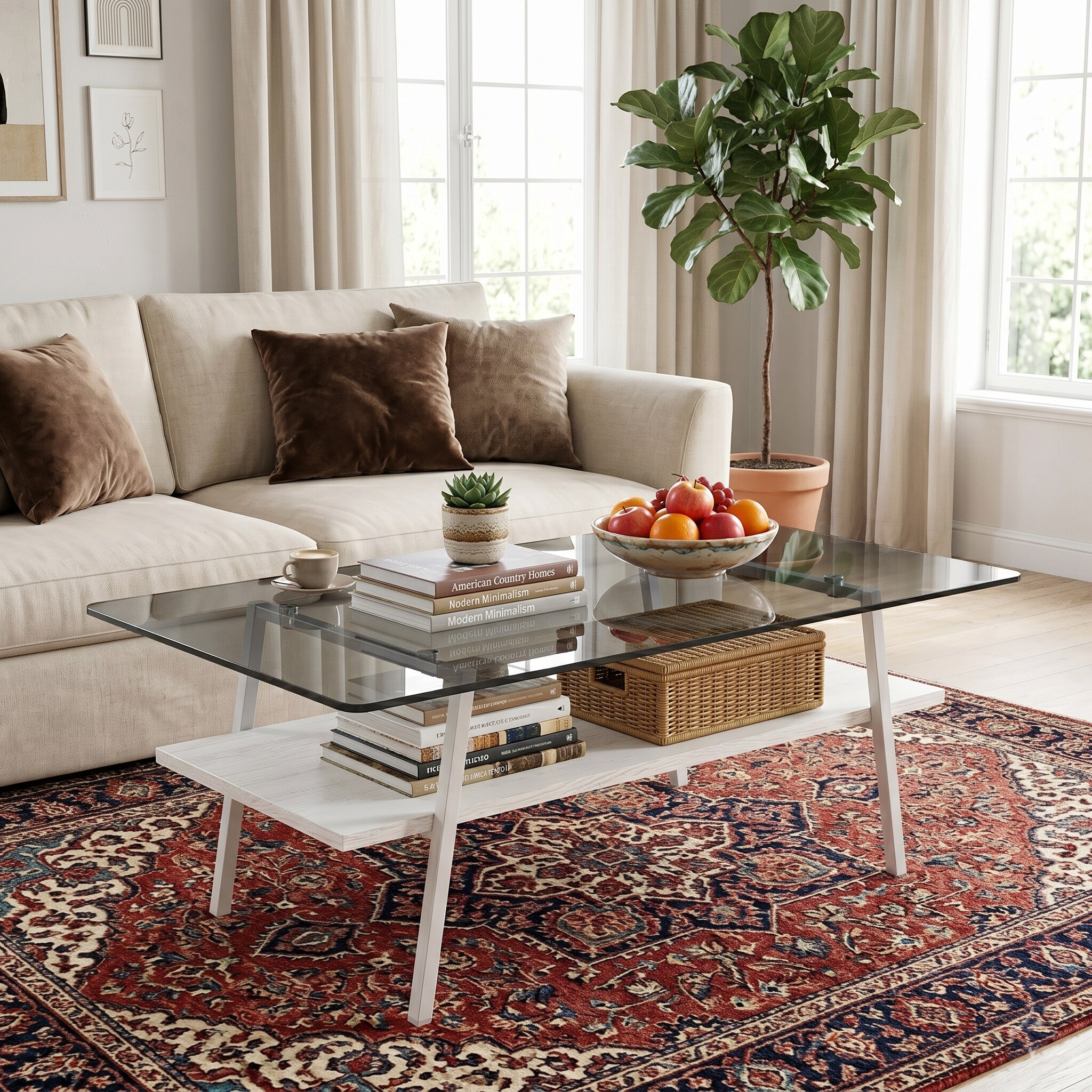 Rectangle Coffee Table, Tempered Glass Tabletop with White Metal Legs, Modern Table for Living Room , Gray Glass