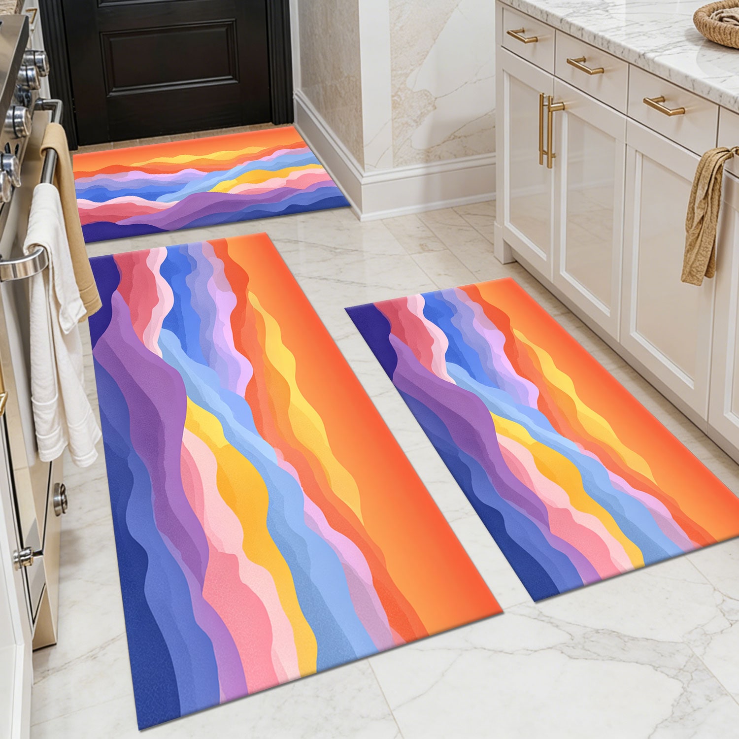 Three-piece kitchen rug set, non-slip and washable, abstract pattern kitchen hallway rug, soft and comfortable, suitable for sinks, floors, entrances, hallways and bathrooms.