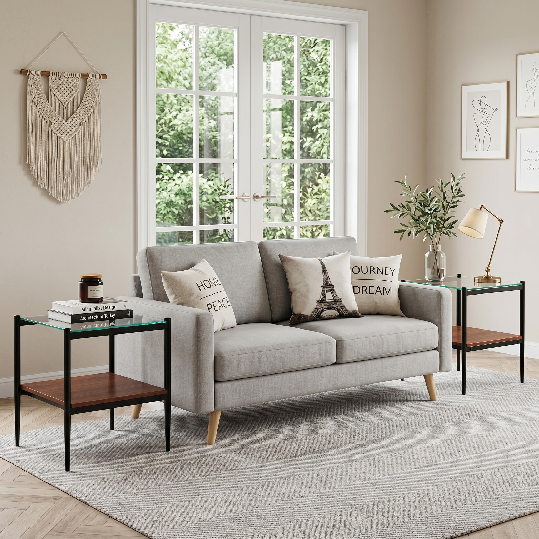 Set of 2 Rectangle End Table, Tempered Glass Tabletop with MDF layer, Modern Table for Living Room , Transparent Glass
